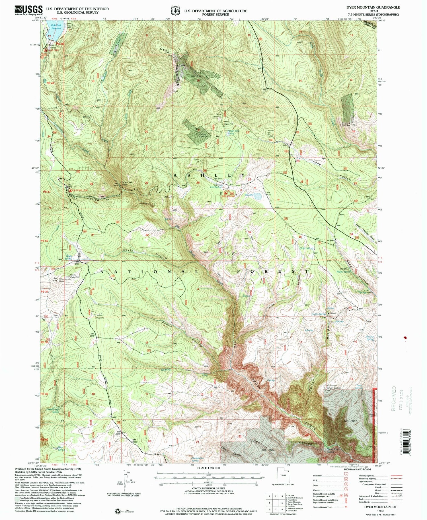 Classic USGS Dyer Mountain Utah 7.5'x7.5' Topo Map Image