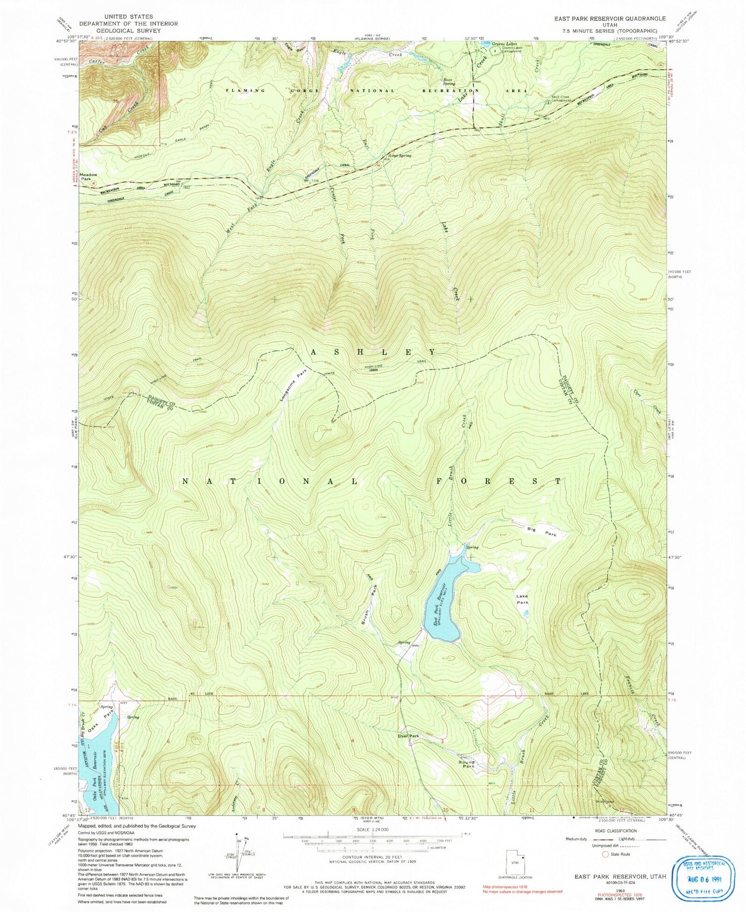 Classic USGS East Park Reservoir Utah 7.5'x7.5' Topo Map Image