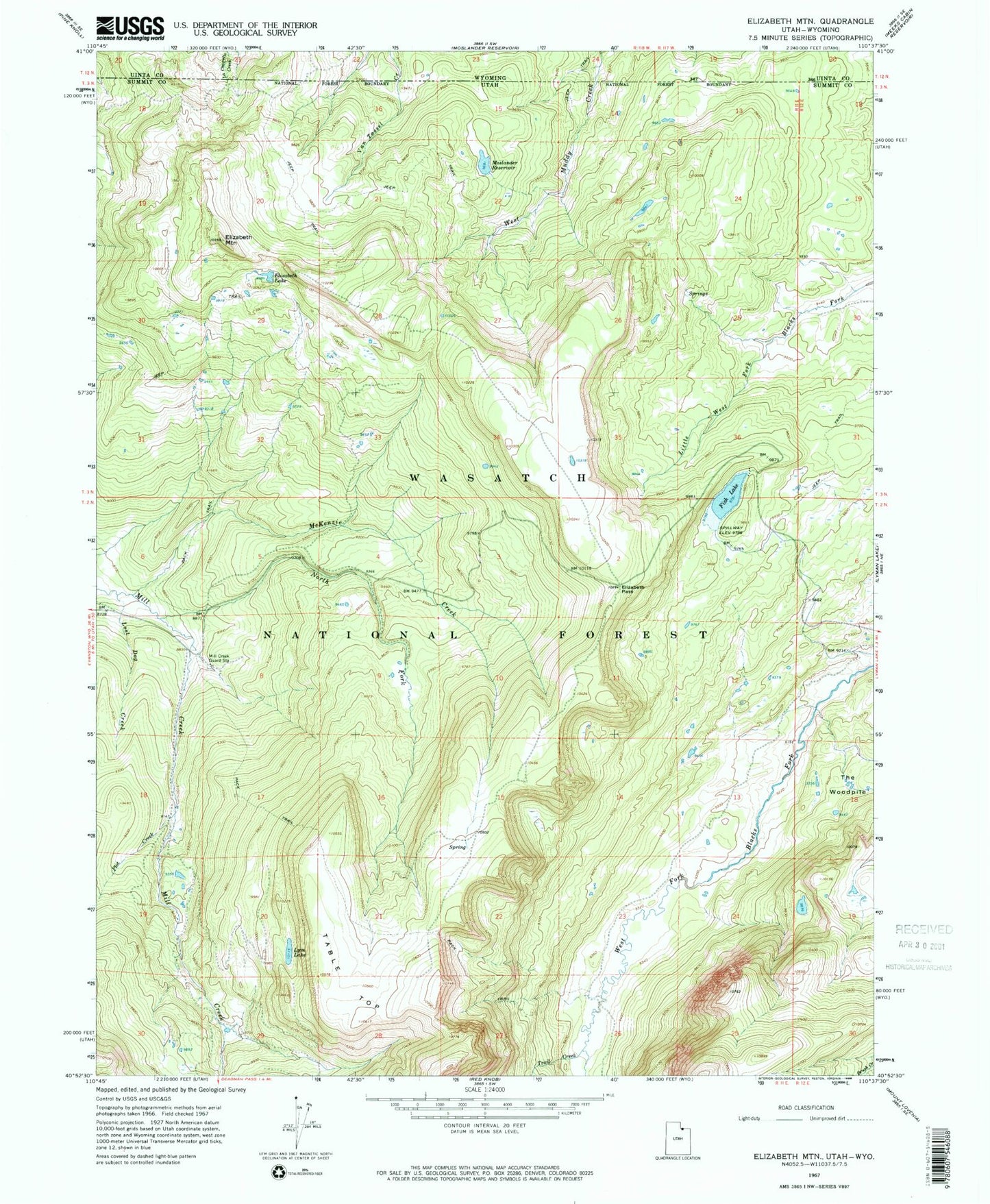 Classic USGS Elizabeth Mountain Utah 7.5'x7.5' Topo Map Image