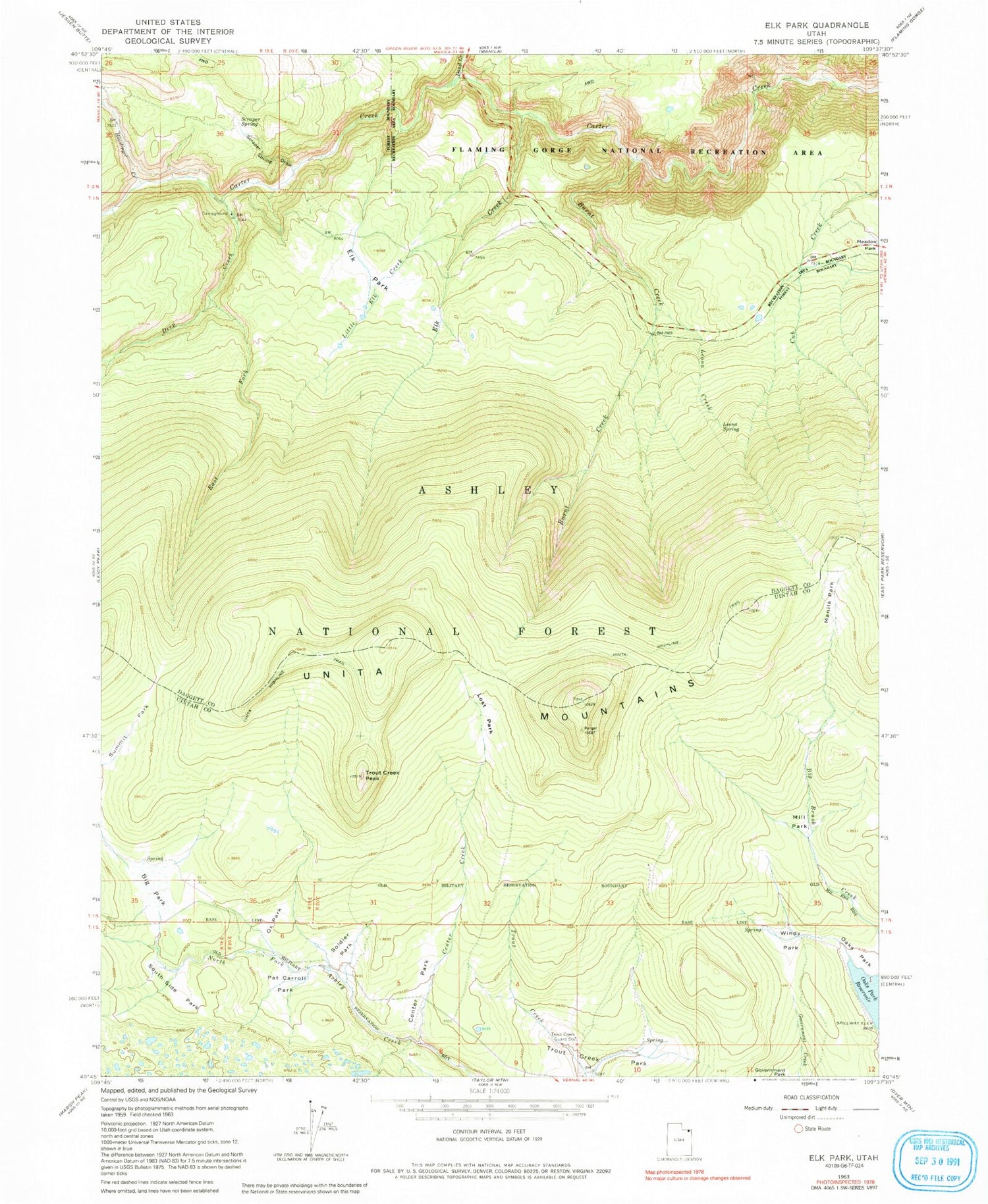 Classic USGS Elk Park Utah 7.5'x7.5' Topo Map Image
