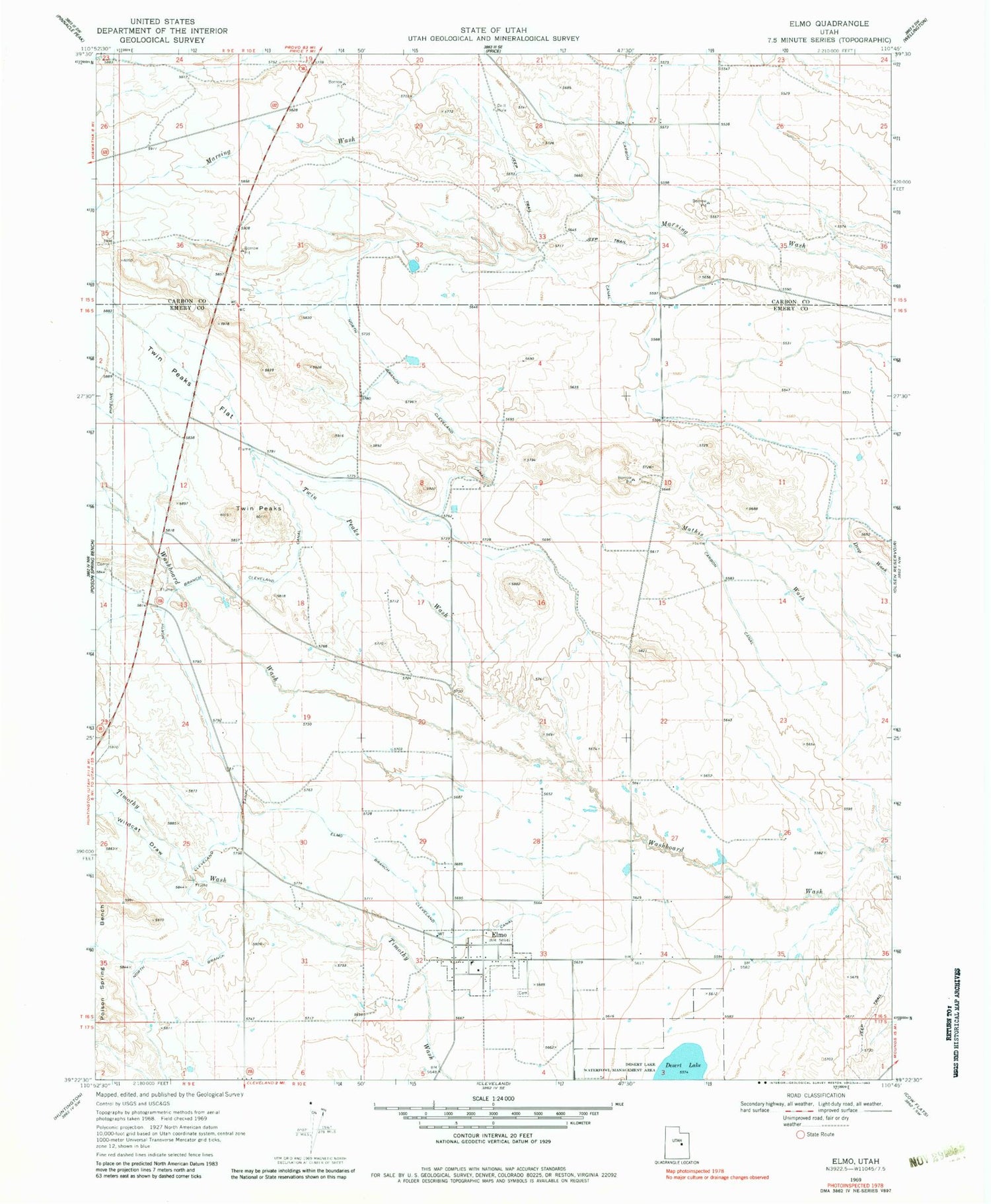 Classic USGS Elmo Utah 7.5'x7.5' Topo Map Image
