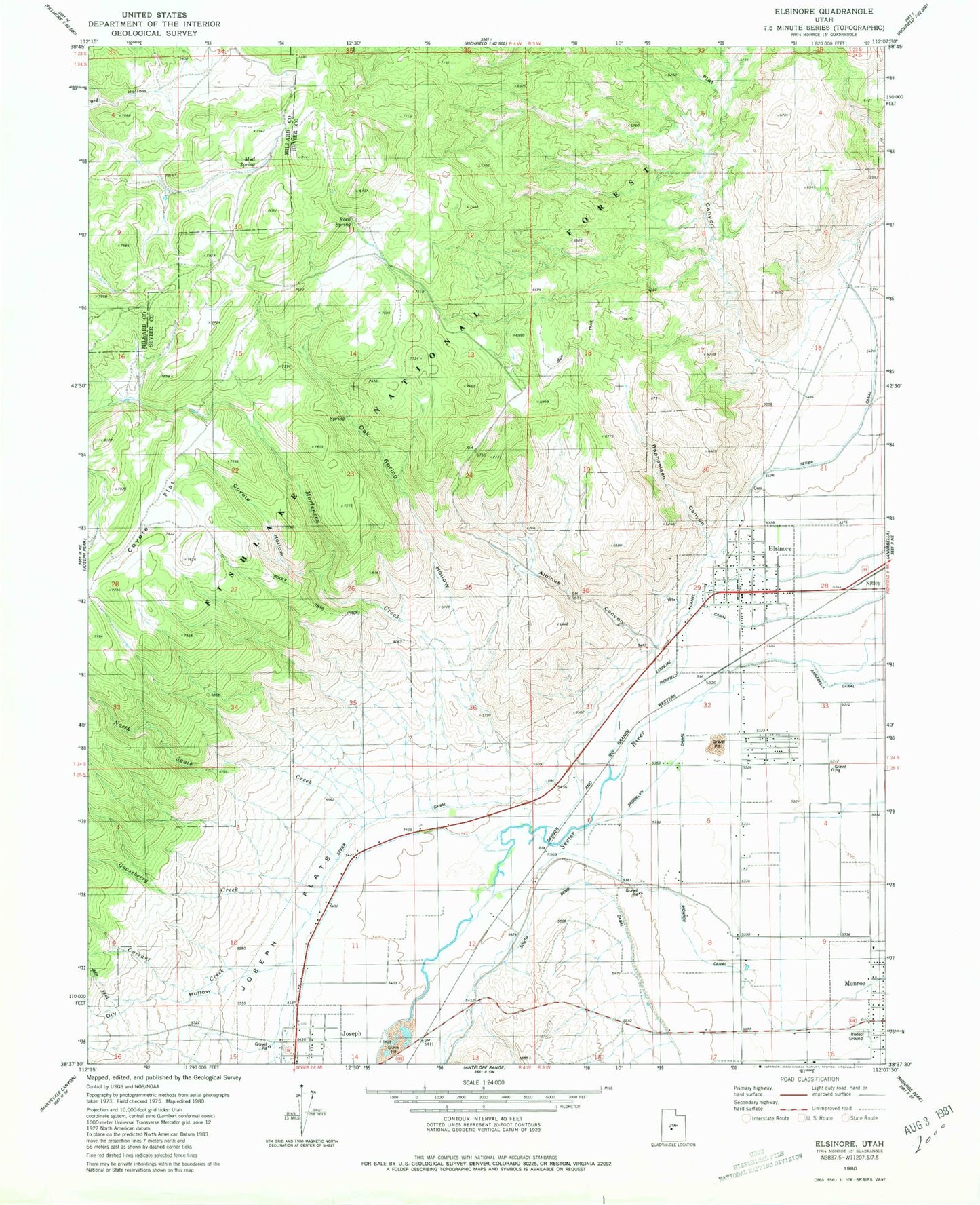 Classic USGS Elsinore Utah 7.5'x7.5' Topo Map Image