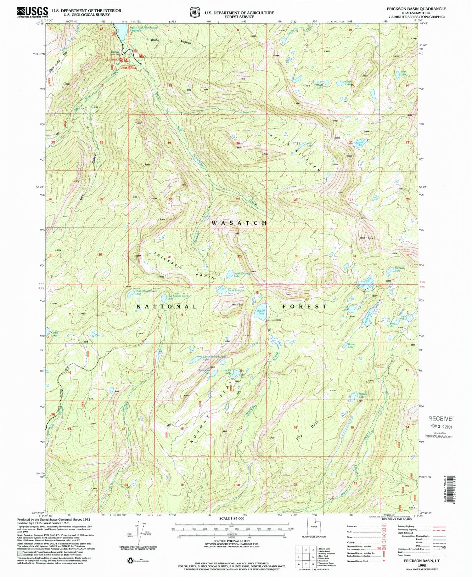 Classic USGS Erickson Basin Utah 7.5'x7.5' Topo Map Image
