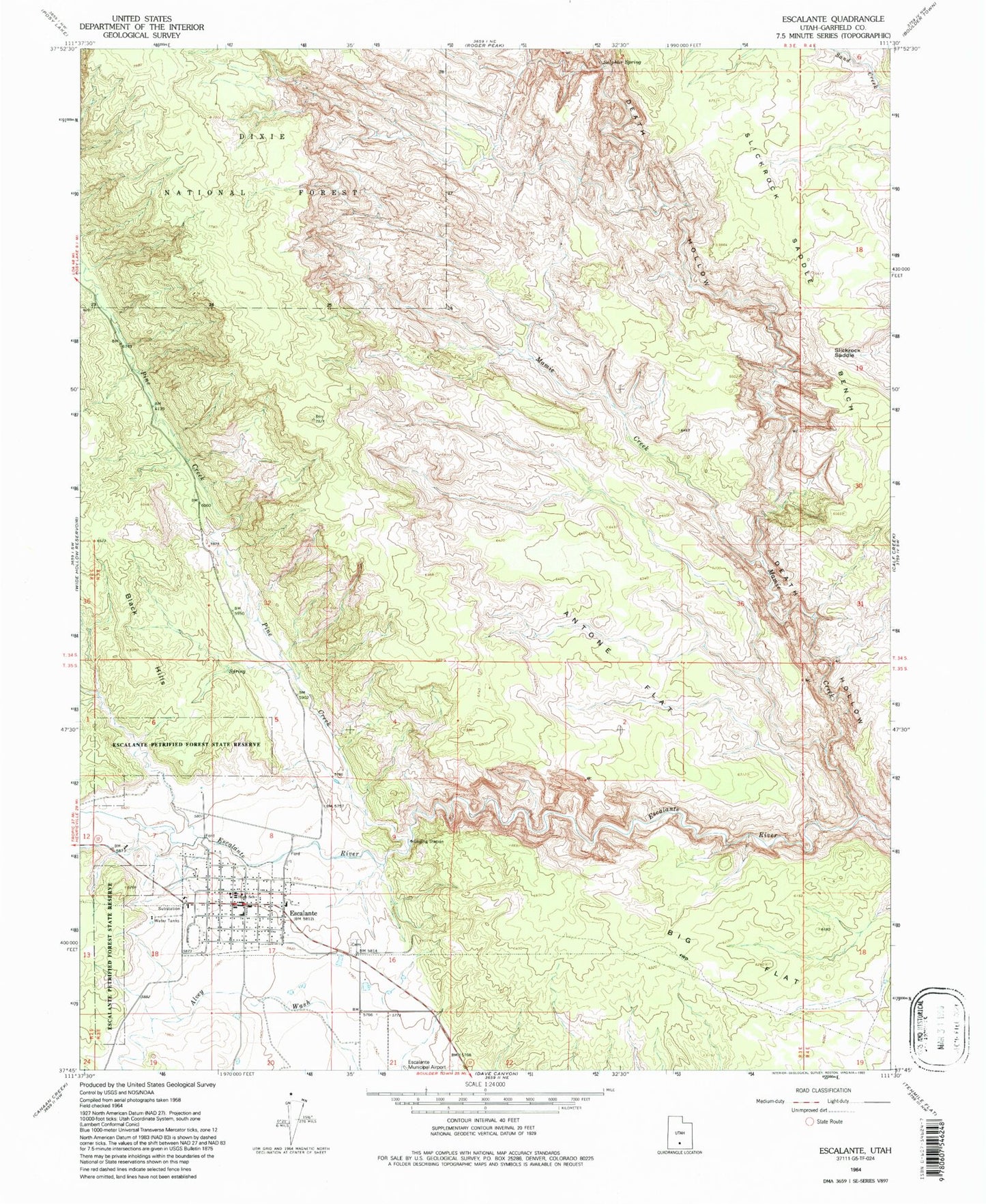 Classic USGS Escalante Utah 7.5'x7.5' Topo Map Image
