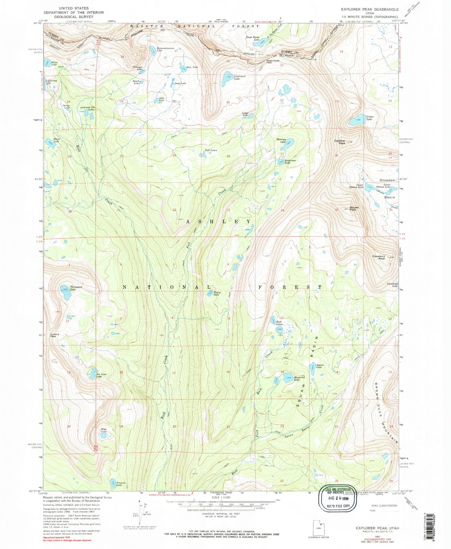 Classic USGS Explorer Peak Utah 7.5'x7.5' Topo Map Image