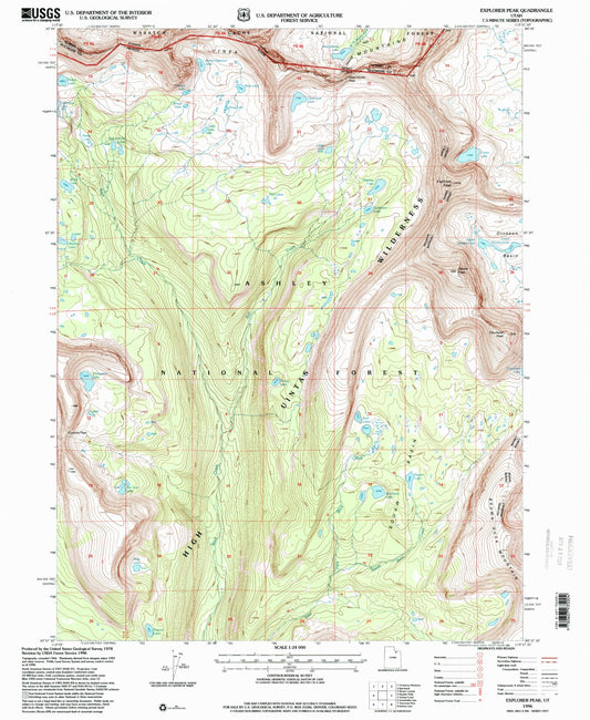 Classic USGS Explorer Peak Utah 7.5'x7.5' Topo Map Image
