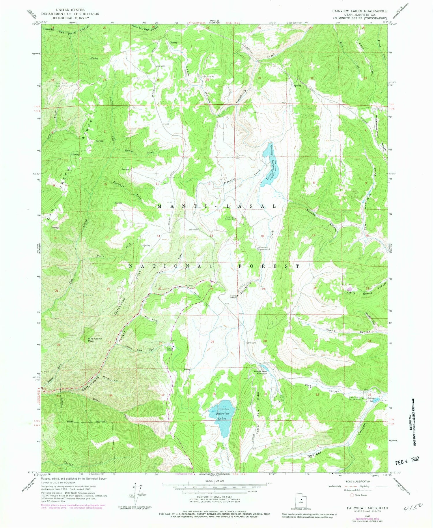 Classic USGS Fairview Lakes Utah 7.5'x7.5' Topo Map Image