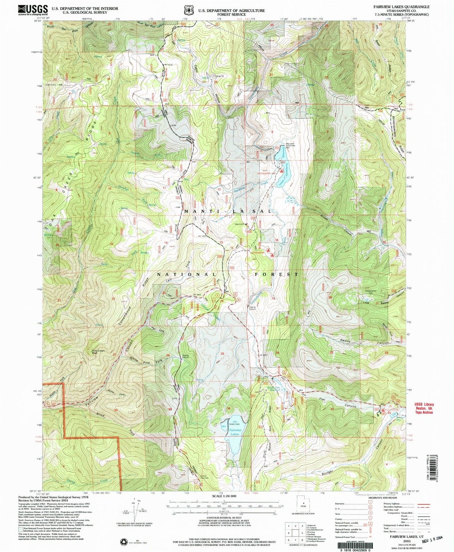 Classic USGS Fairview Lakes Utah 7.5'x7.5' Topo Map Image