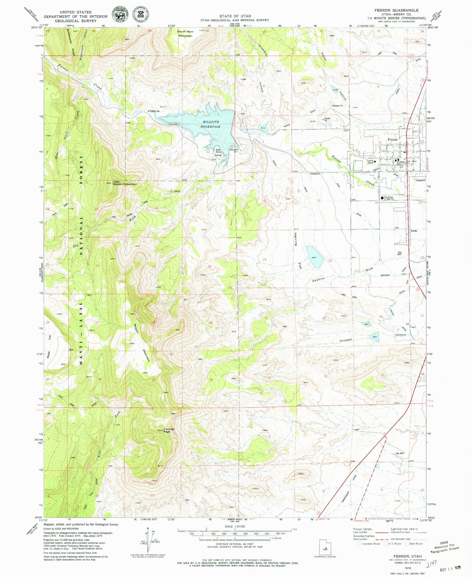 Classic USGS Ferron Utah 7.5'x7.5' Topo Map Image