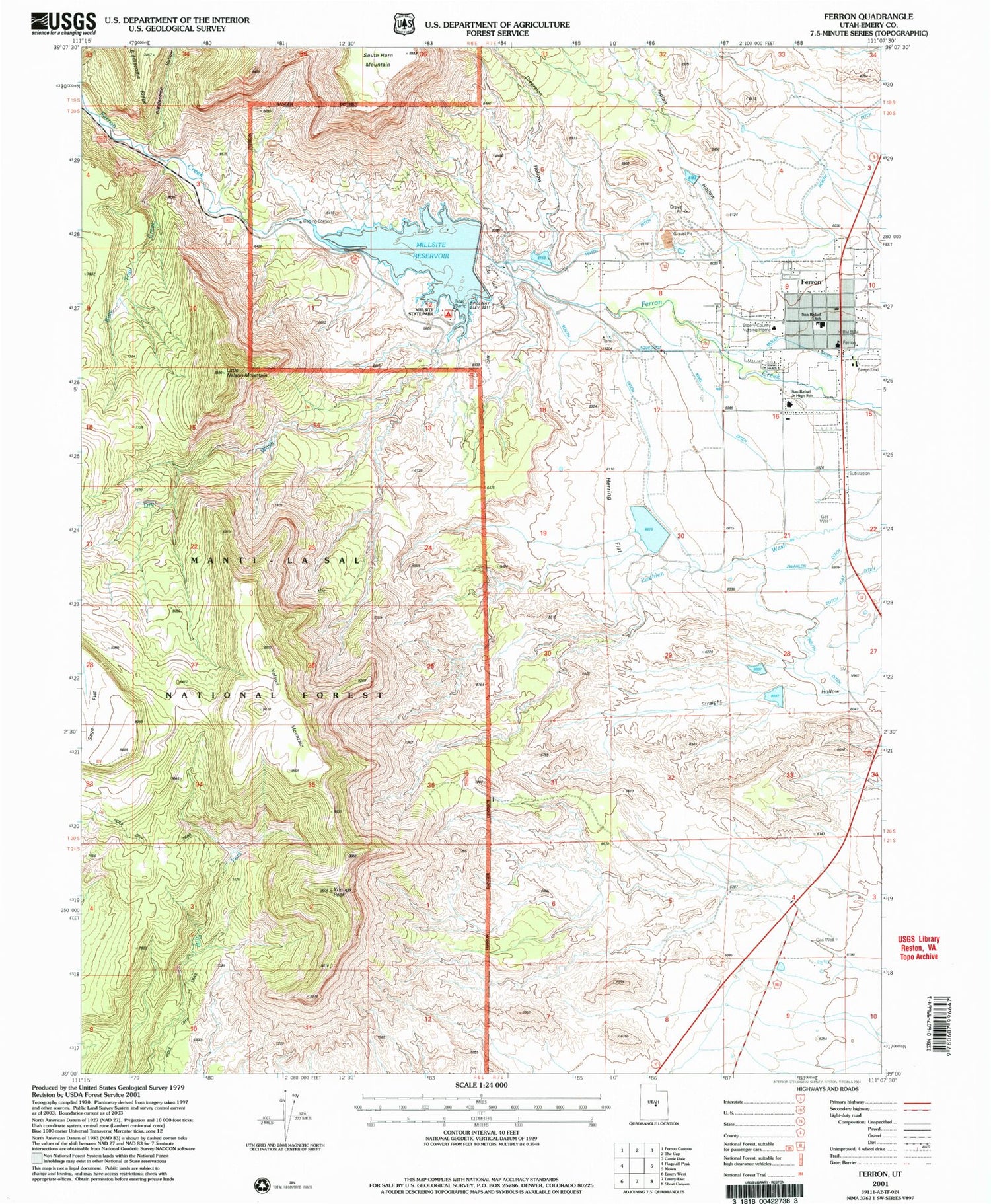 Classic USGS Ferron Utah 7.5'x7.5' Topo Map Image