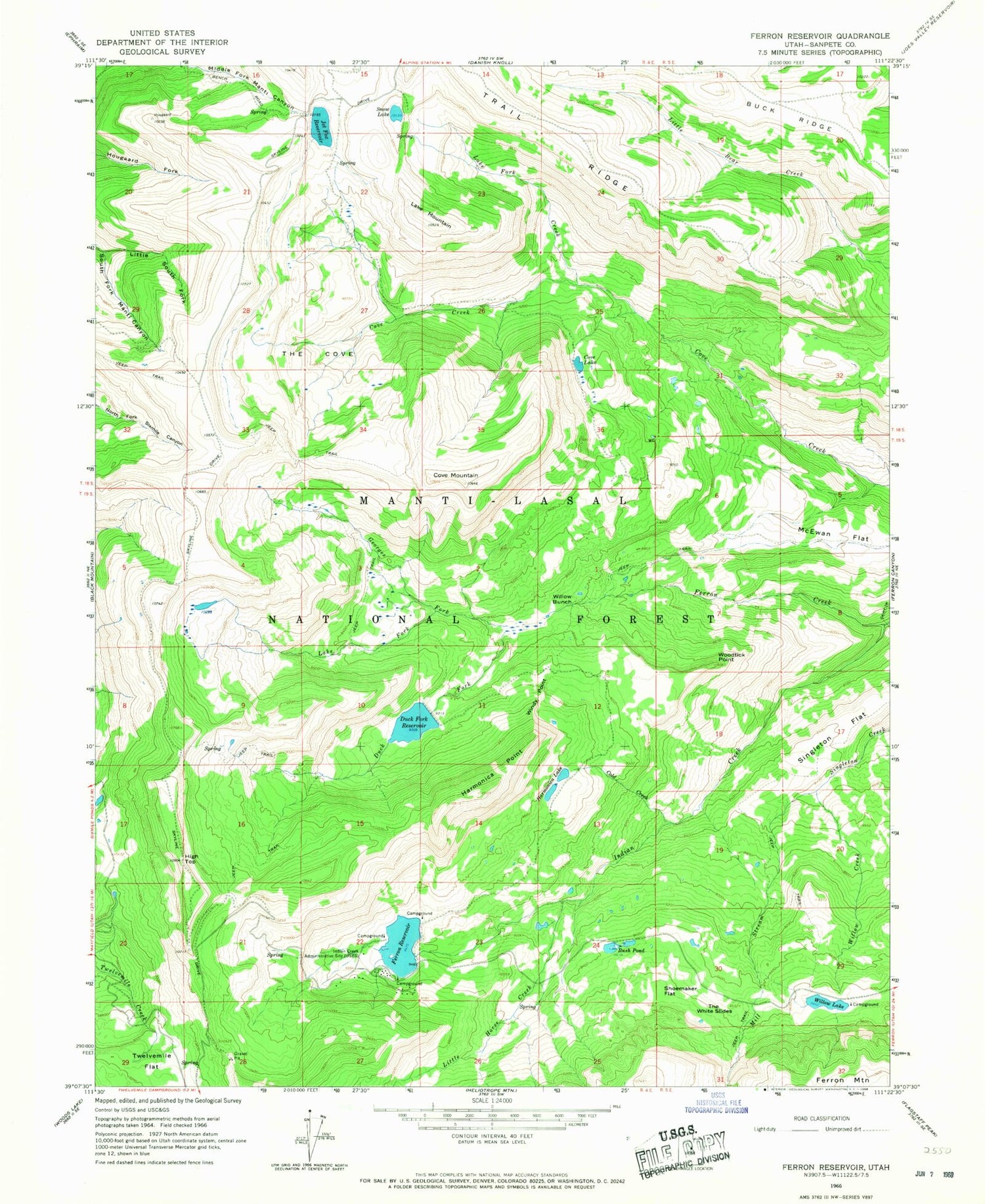 Classic USGS Ferron Reservoir Utah 7.5'x7.5' Topo Map Image