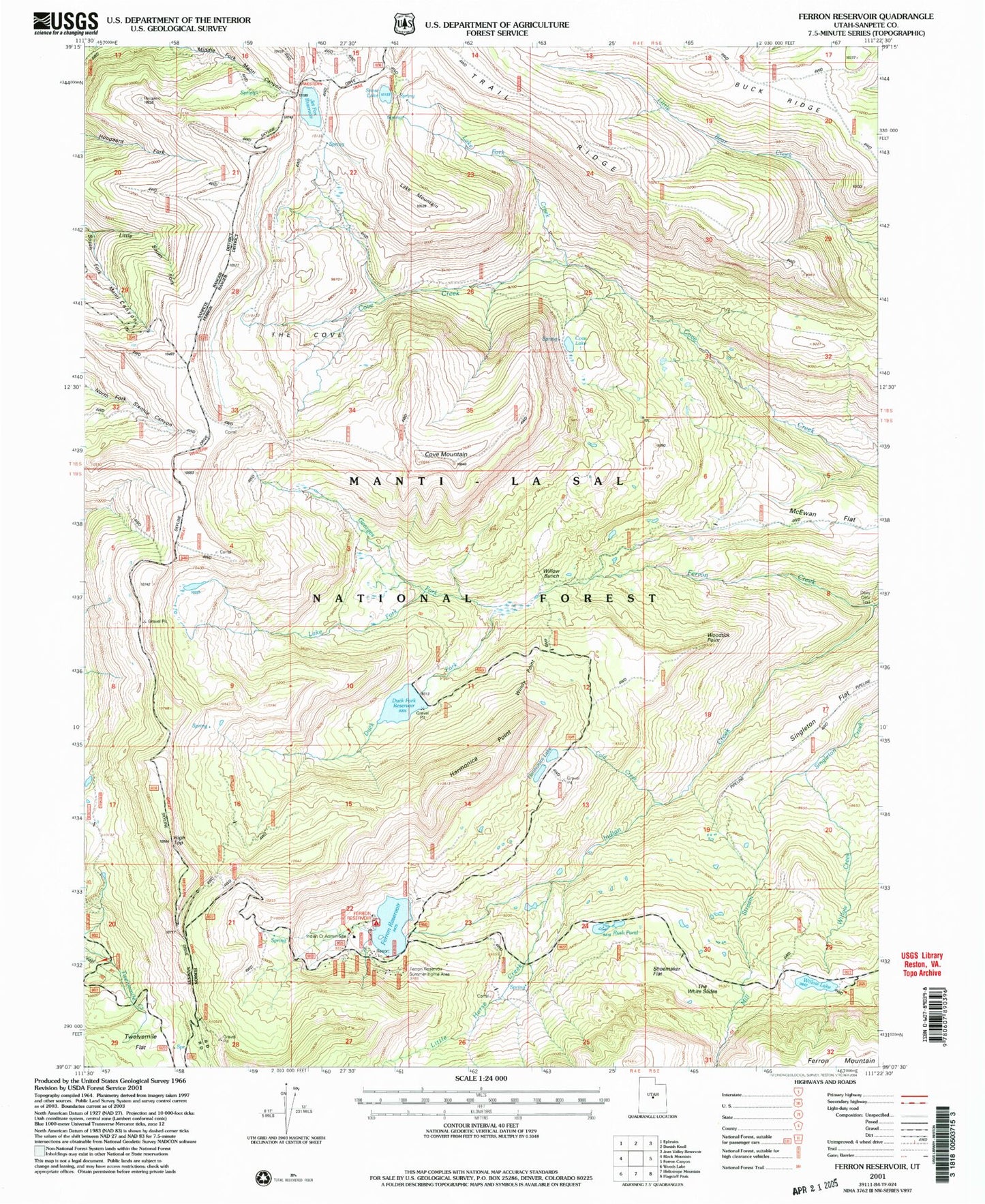 Classic USGS Ferron Reservoir Utah 7.5'x7.5' Topo Map Image