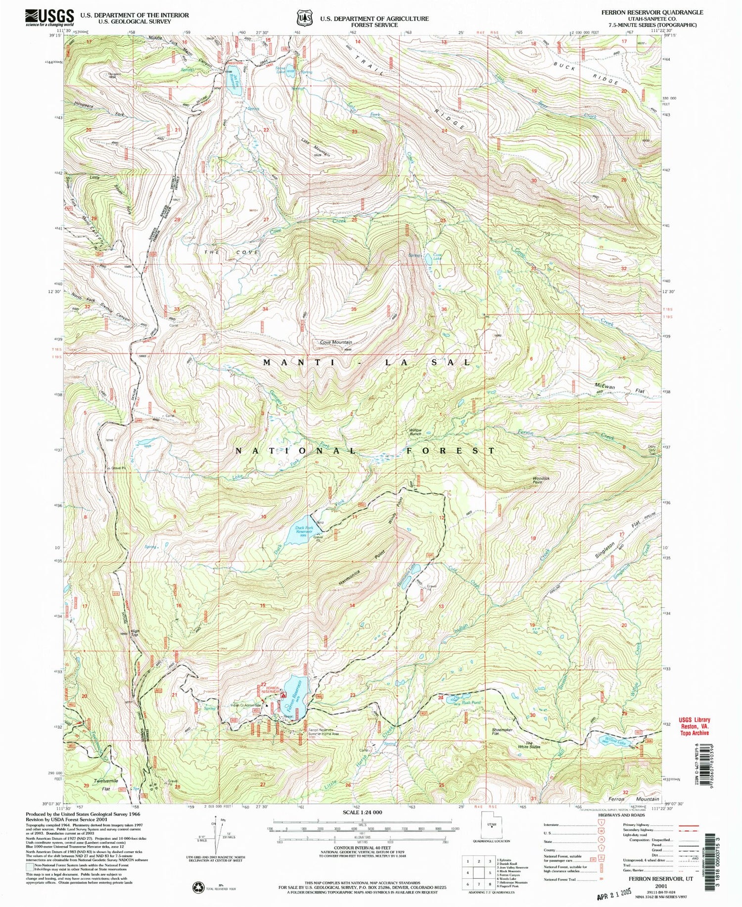 Classic USGS Ferron Reservoir Utah 7.5'x7.5' Topo Map Image