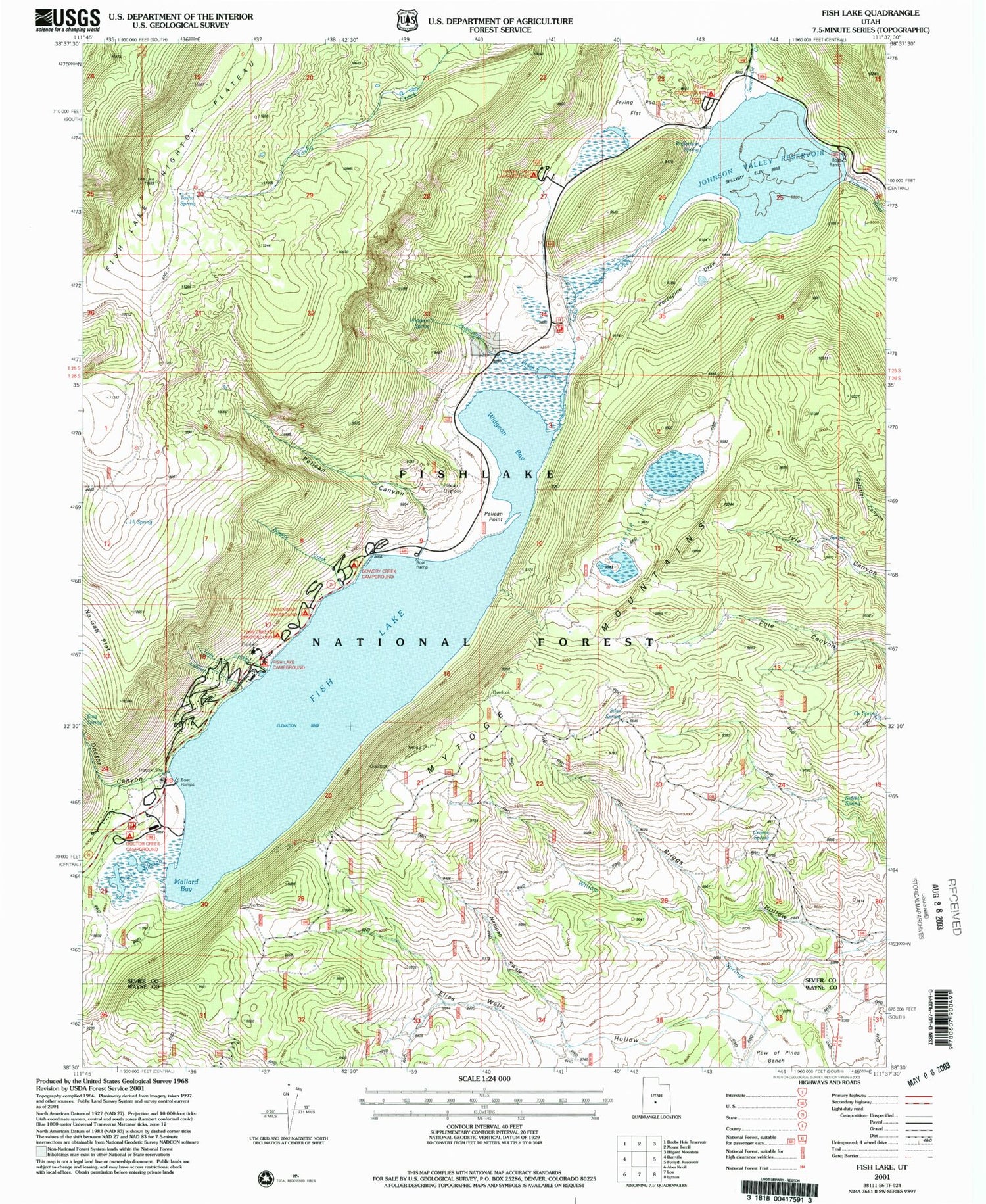 Classic USGS Fish Lake Utah 7.5'x7.5' Topo Map Image