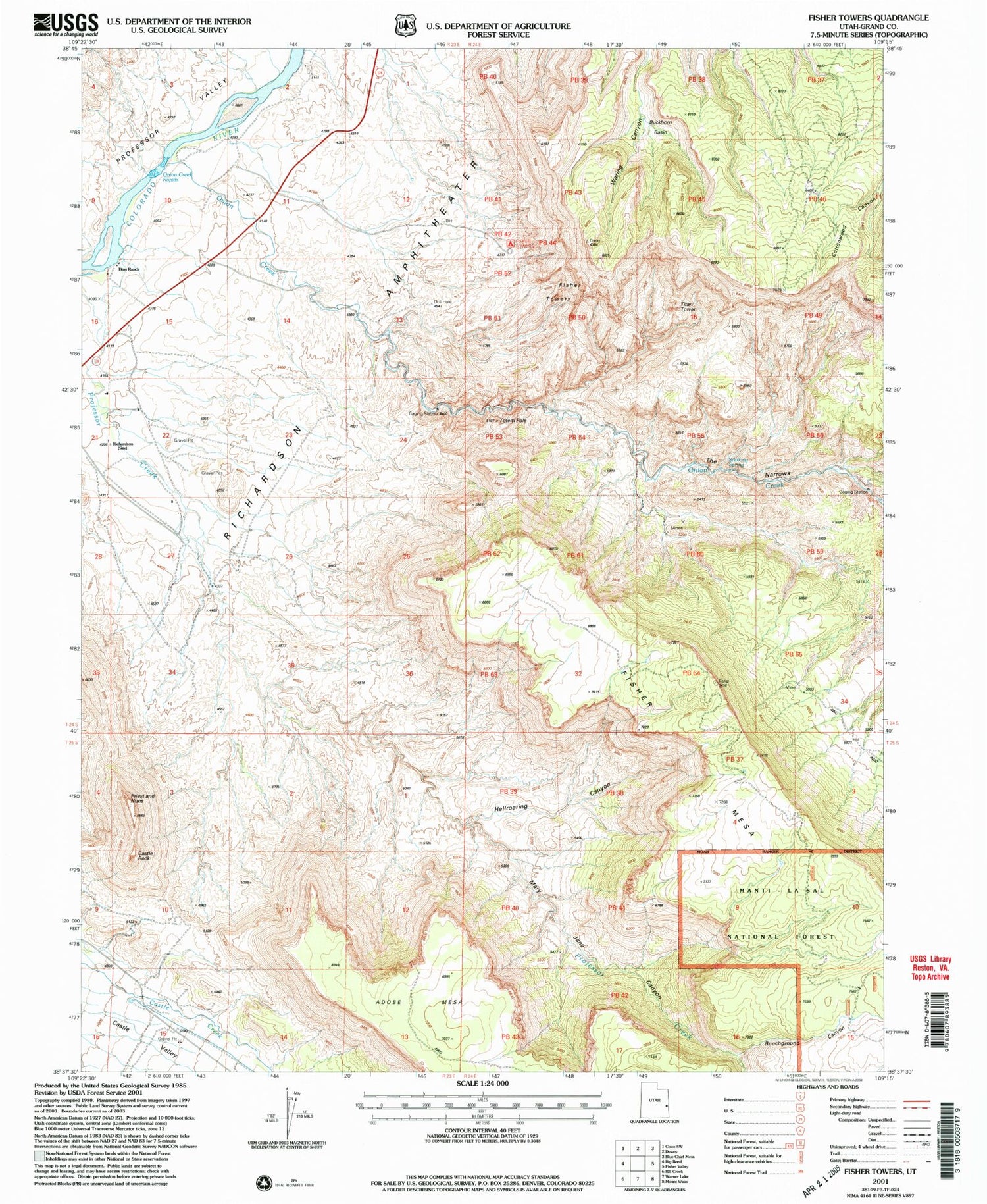 Classic USGS Fisher Towers Utah 7.5'x7.5' Topo Map Image