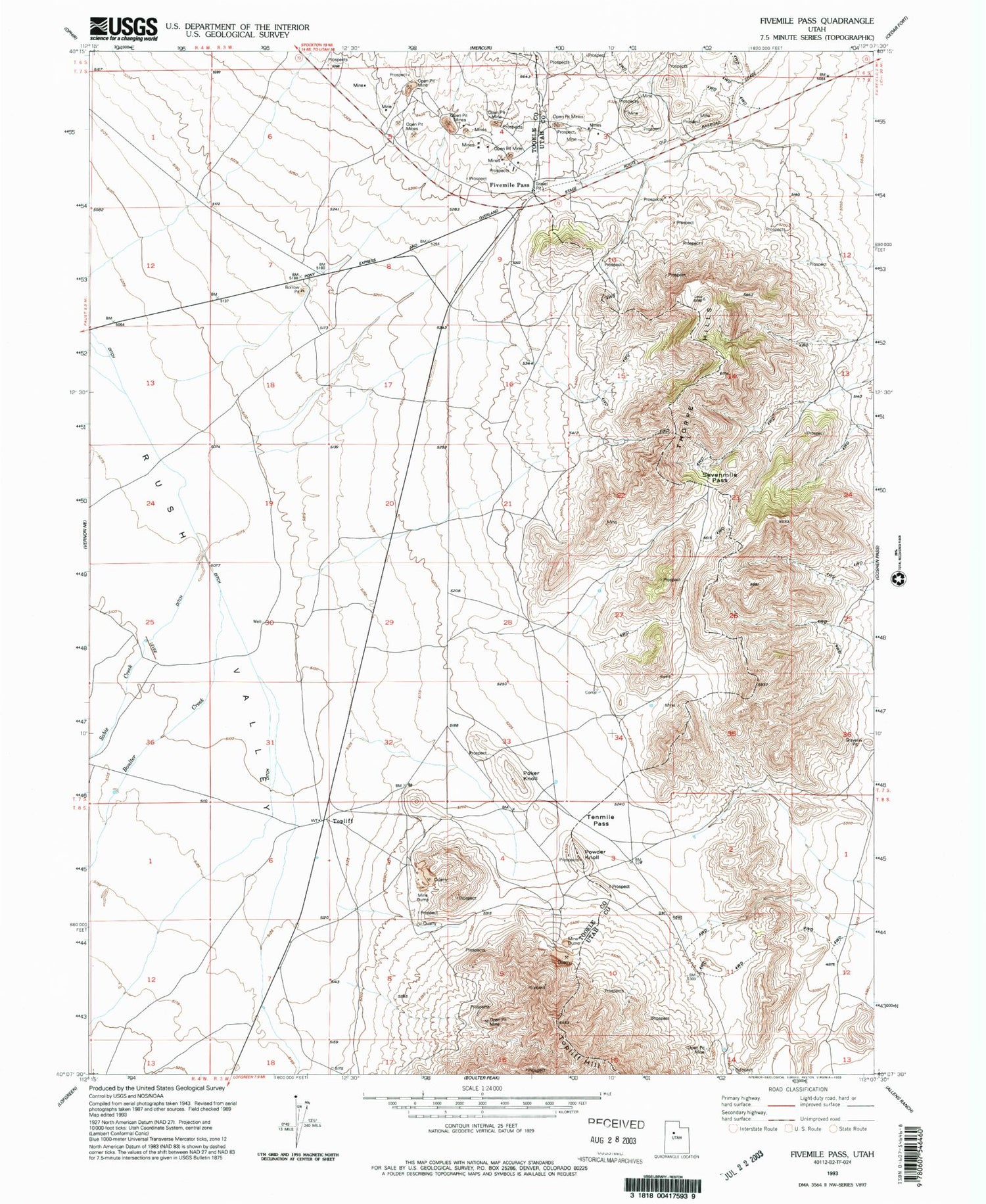 Classic USGS Fivemile Pass Utah 7.5'x7.5' Topo Map Image