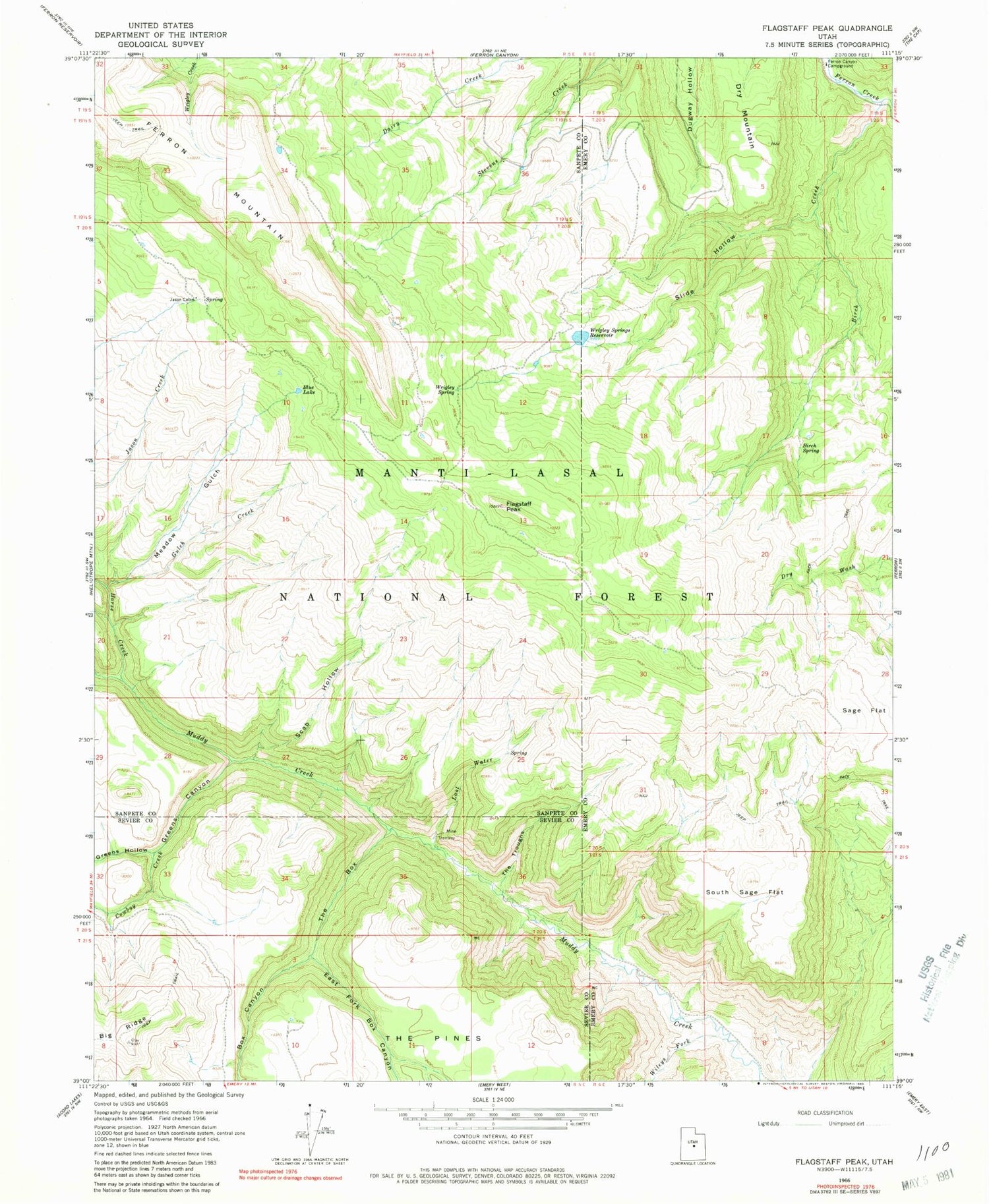 Classic USGS Flagstaff Peak Utah 7.5'x7.5' Topo Map Image