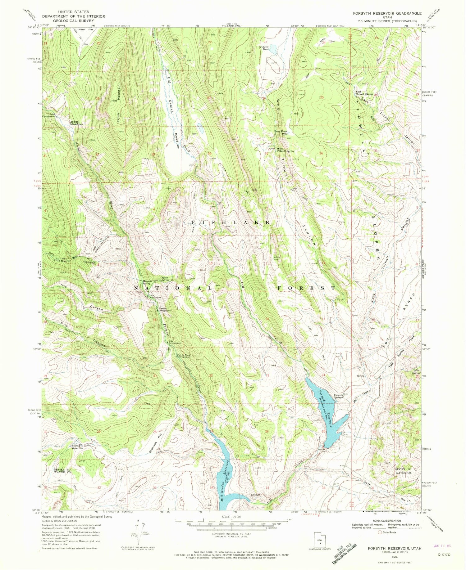 Classic USGS Forsyth Reservoir Utah 7.5'x7.5' Topo Map Image