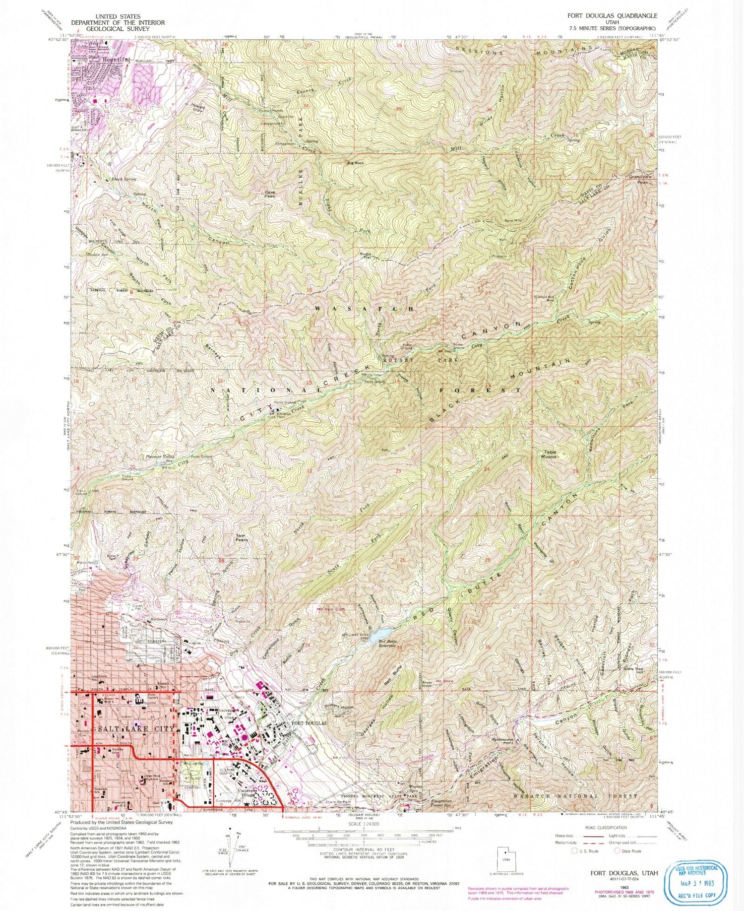 Classic USGS Fort Douglas Utah 7.5'x7.5' Topo Map Image