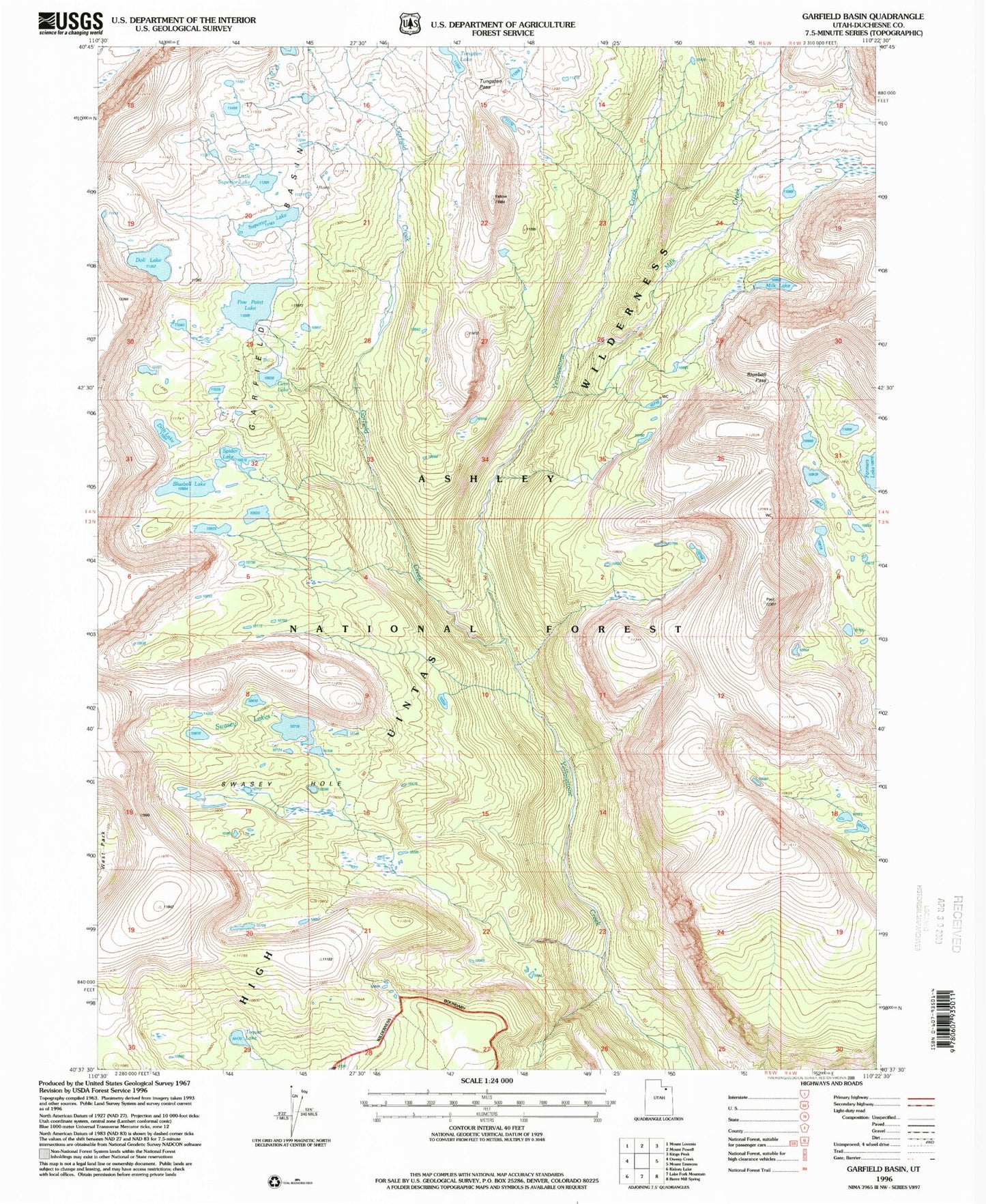 Classic USGS Garfield Basin Utah 7.5'x7.5' Topo Map Image