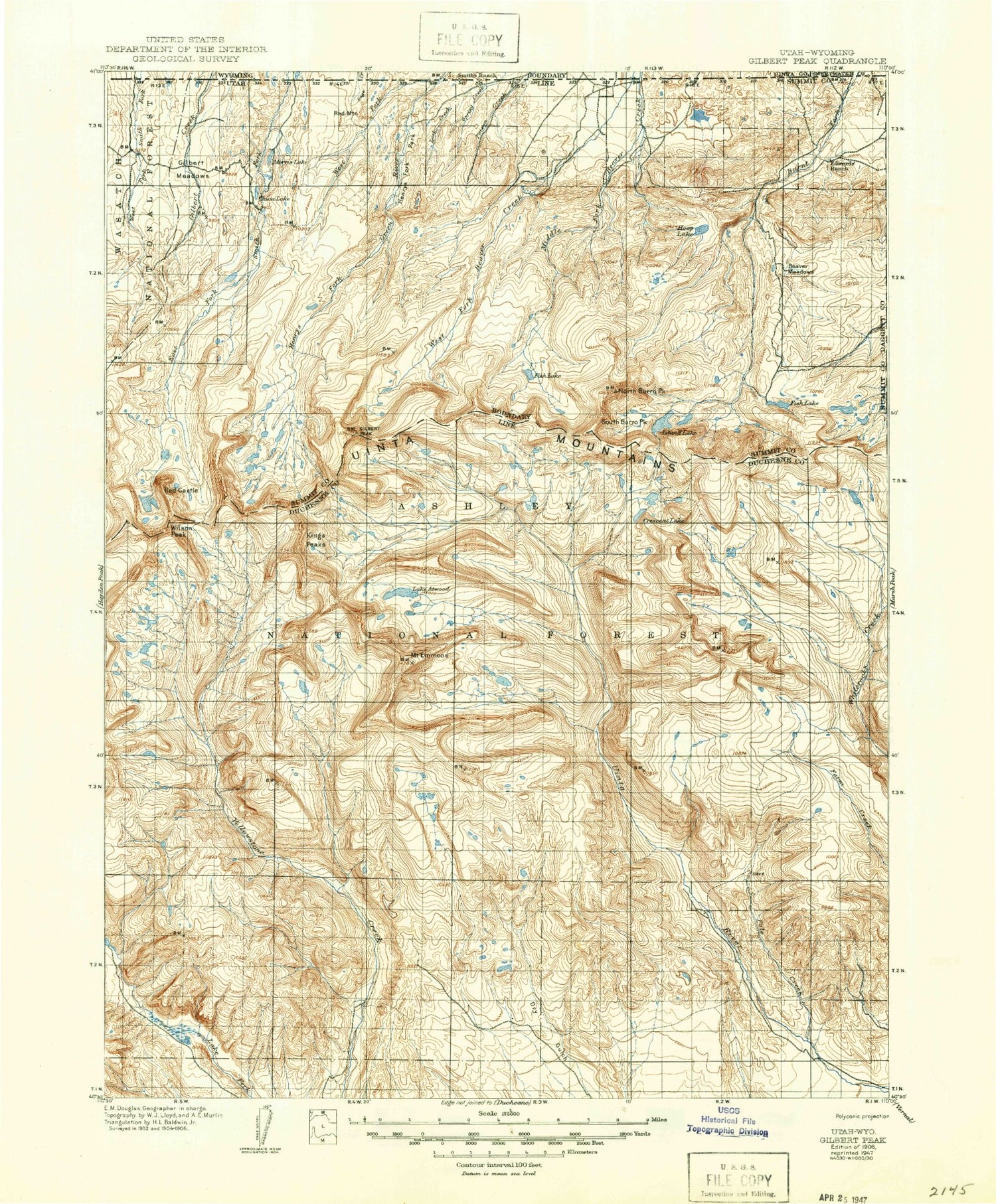 Historic 1906 Gilbert Peak Utah 30'x30' Topo Map Image