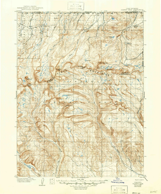 Historic 1906 Gilbert Peak Utah 30'x30' Topo Map Image