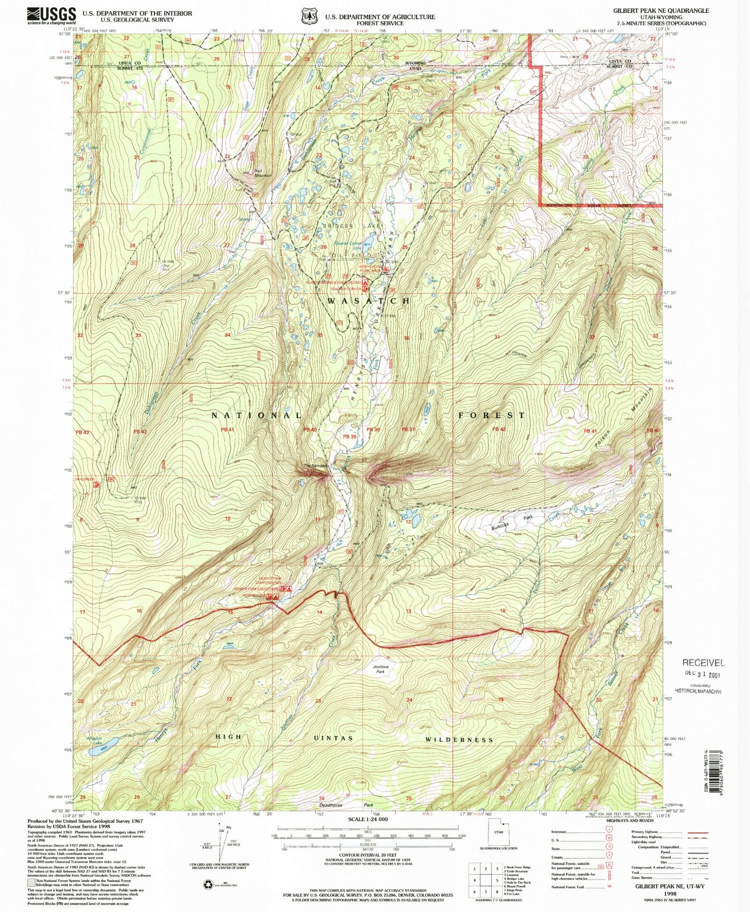 Classic USGS Gilbert Peak NE Utah 7.5'x7.5' Topo Map Image