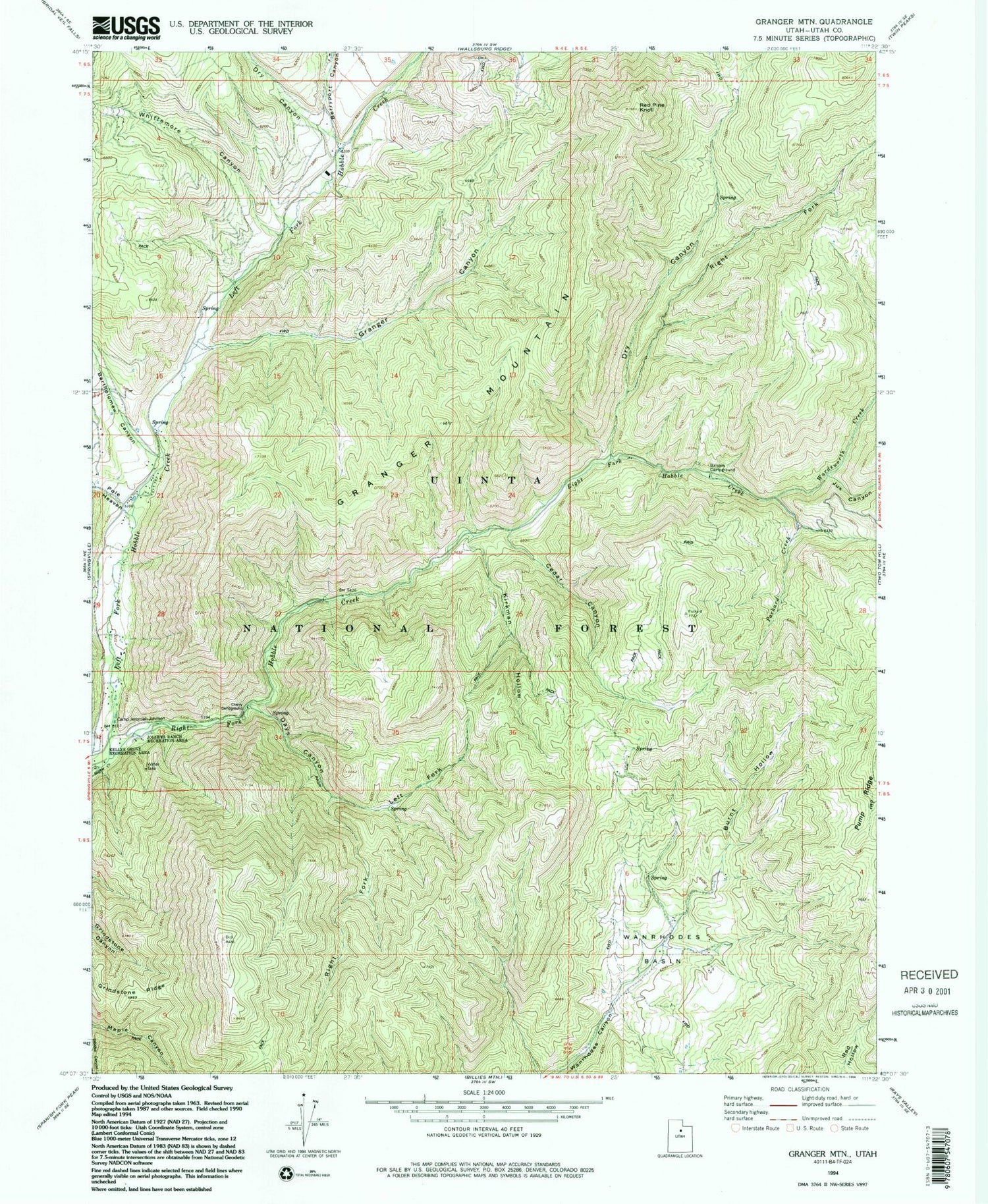 Classic USGS Granger Mountain Utah 7.5'x7.5' Topo Map Image
