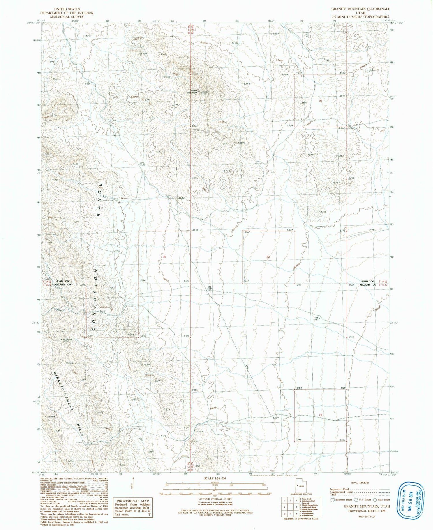 Classic USGS Granite Mountain Utah 7.5'x7.5' Topo Map Image