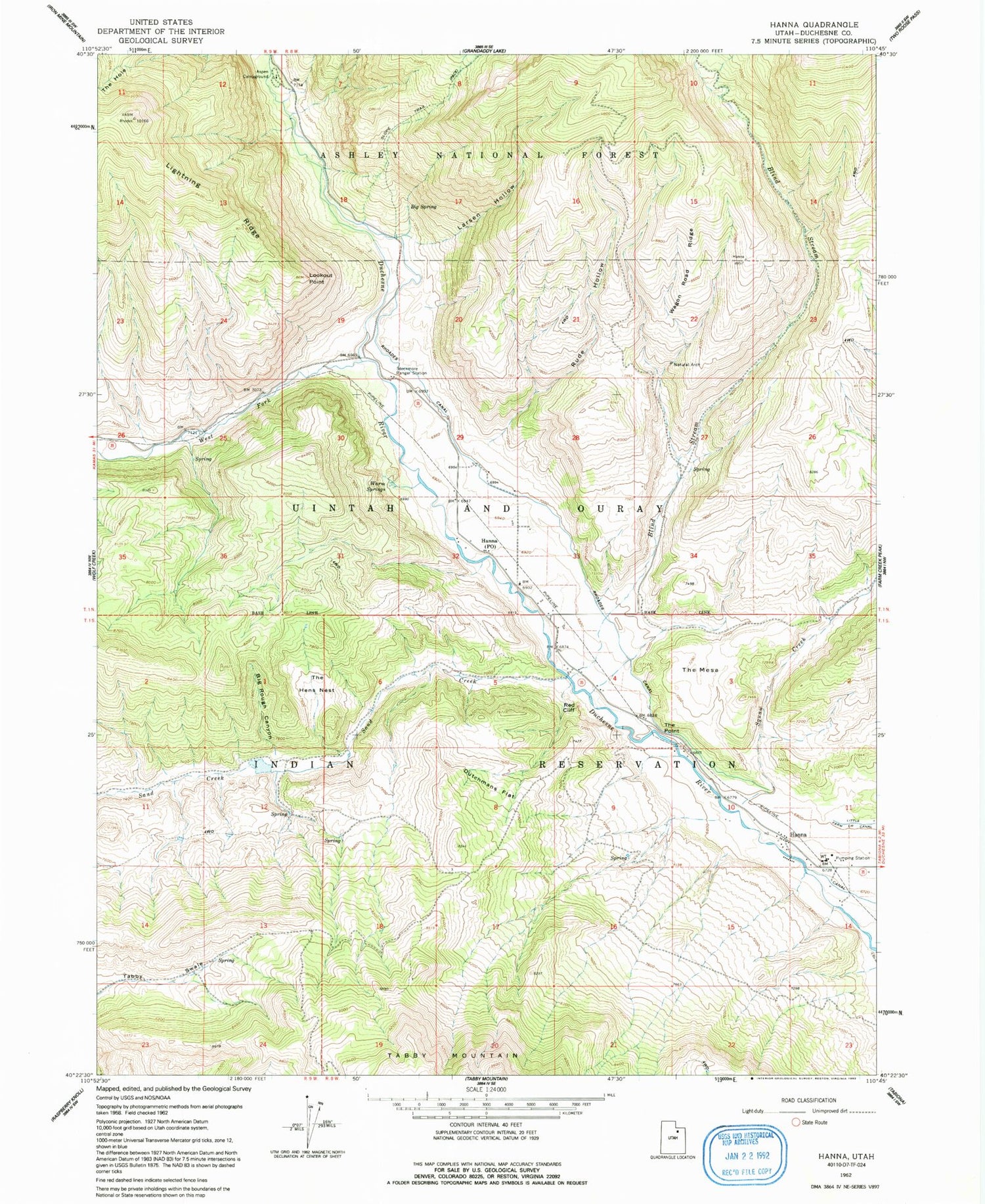 Classic USGS Hanna Utah 7.5'x7.5' Topo Map Image