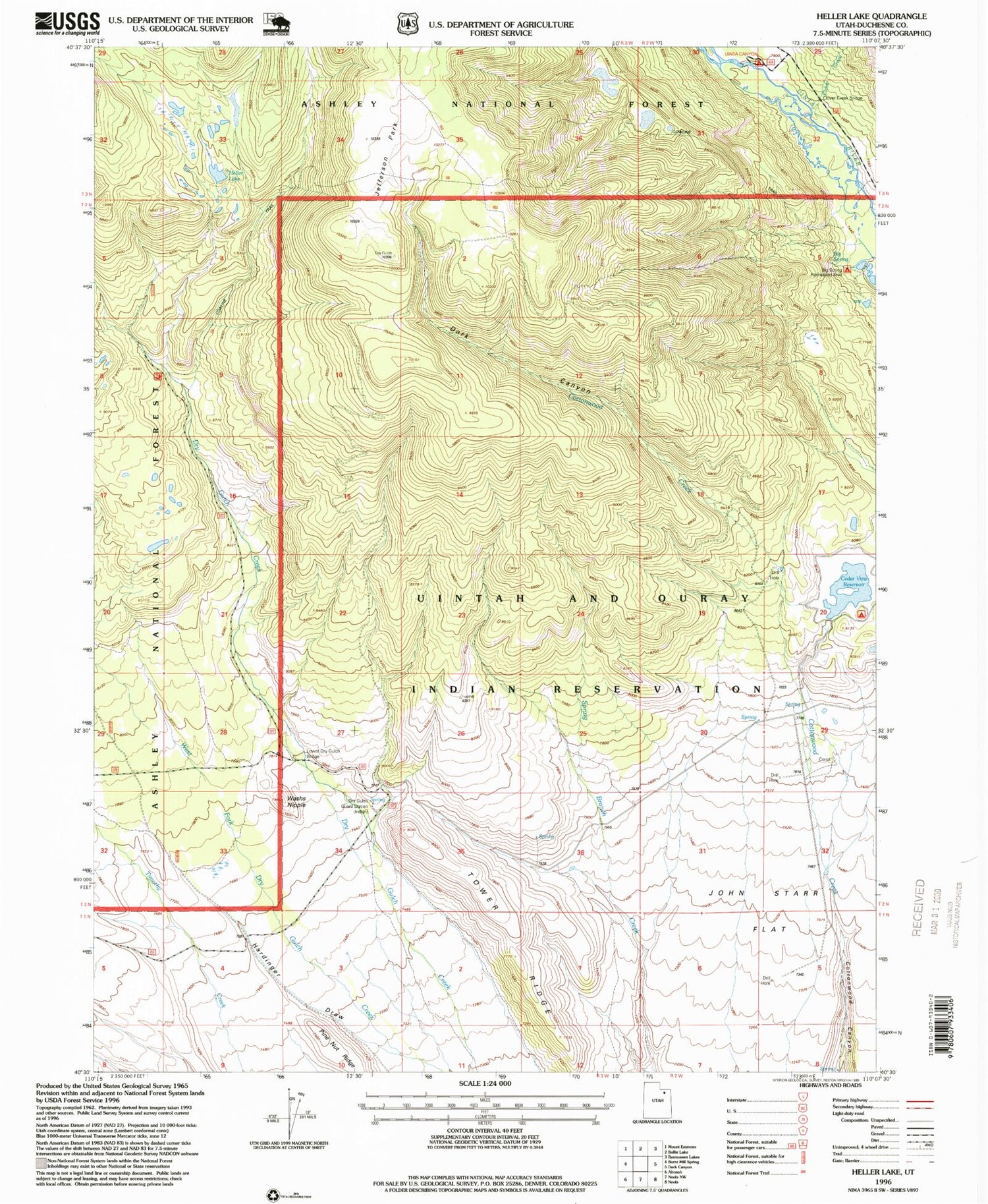 Classic USGS Heller Lake Utah 7.5'x7.5' Topo Map Image