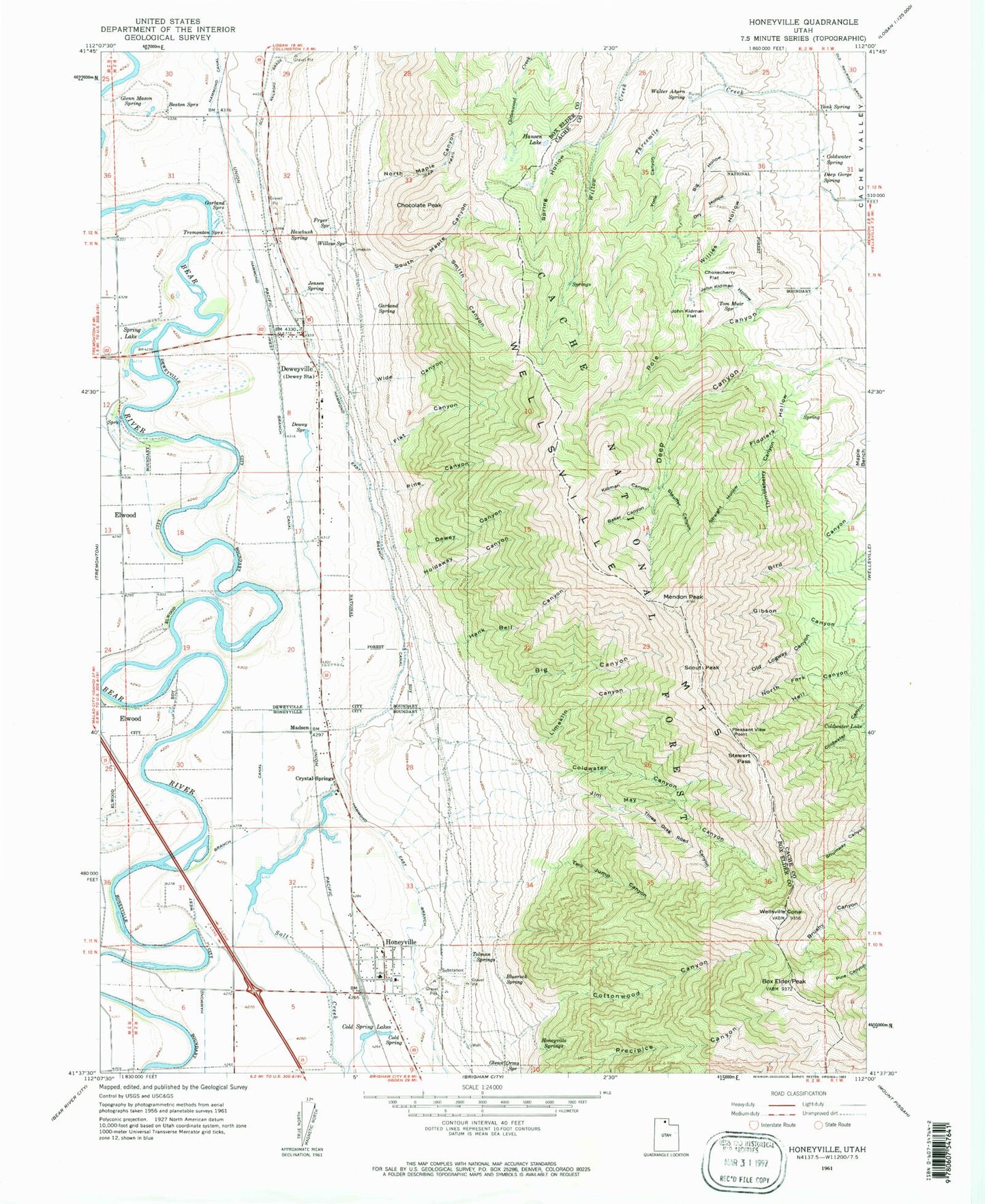 Classic USGS Honeyville Utah 7.5'x7.5' Topo Map Image