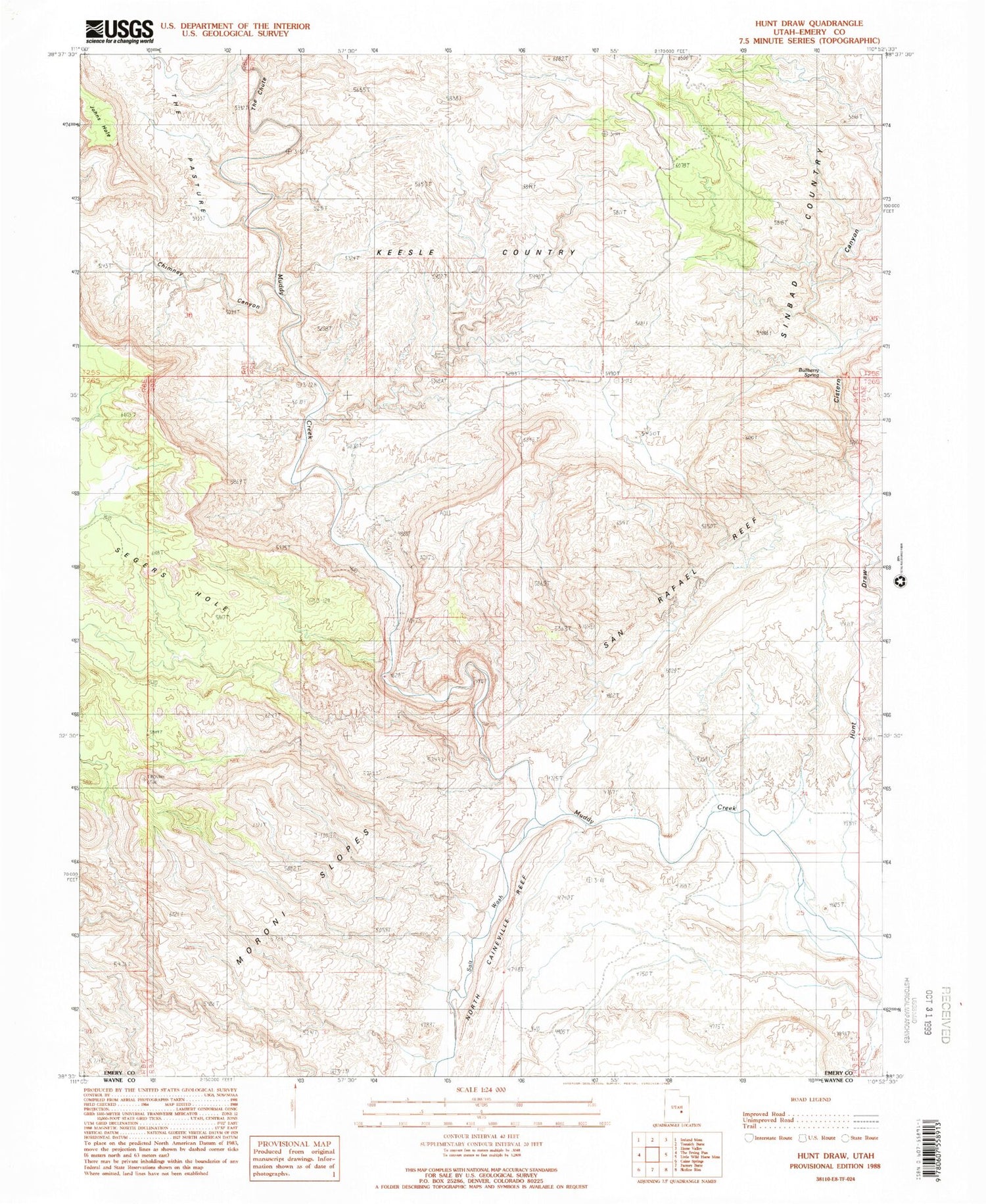 Classic USGS Hunt Draw Utah 7.5'x7.5' Topo Map Image