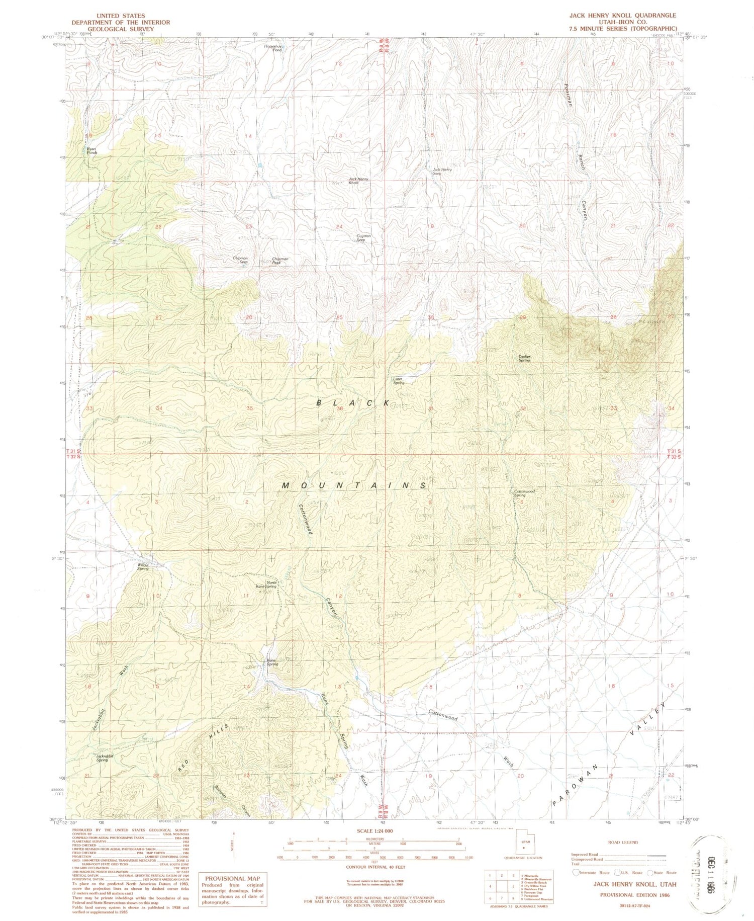 Classic USGS Jack Henry Knoll Utah 7.5'x7.5' Topo Map Image