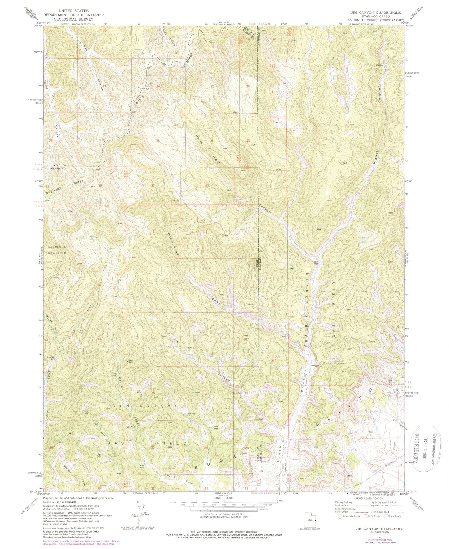 Classic USGS Jim Canyon Utah 7.5'x7.5' Topo Map Image