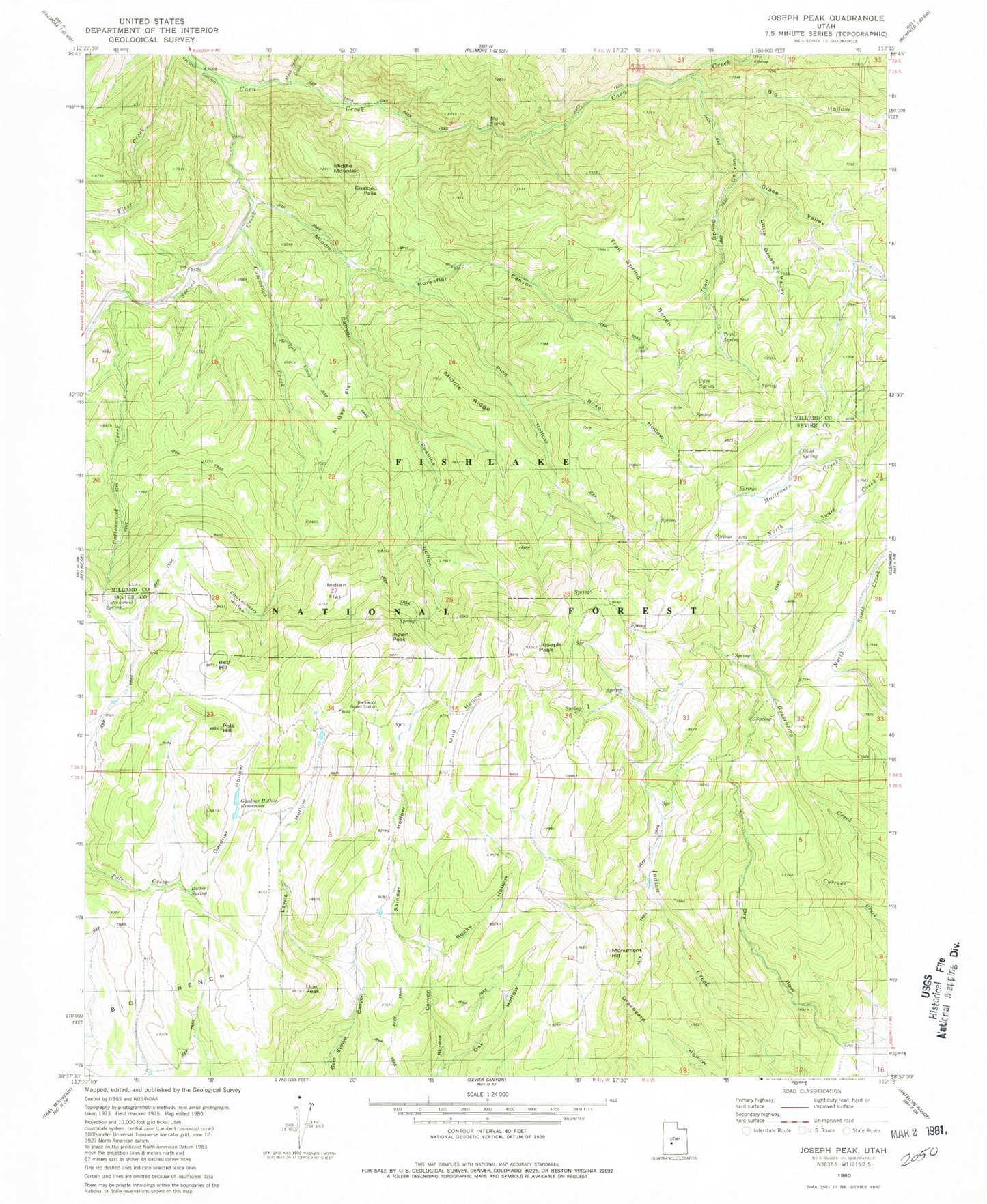 Classic USGS Joseph Peak Utah 7.5'x7.5' Topo Map Image