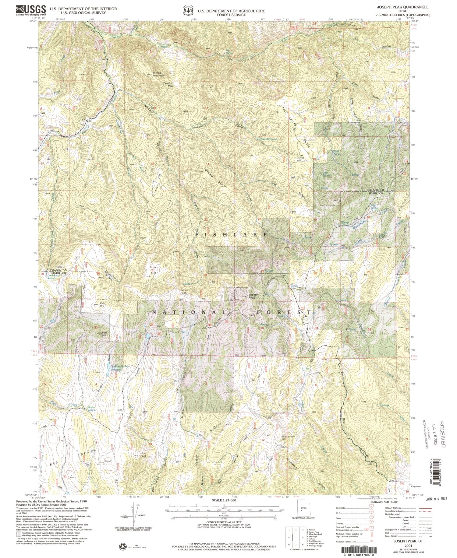 Classic USGS Joseph Peak Utah 7.5'x7.5' Topo Map Image