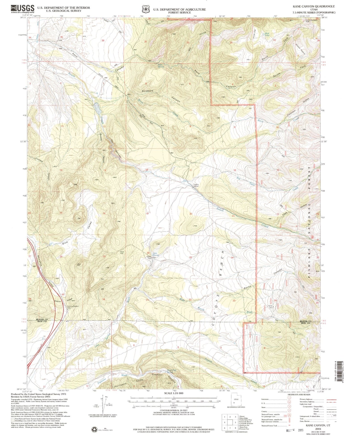 Classic USGS Kane Canyon Utah 7.5'x7.5' Topo Map Image
