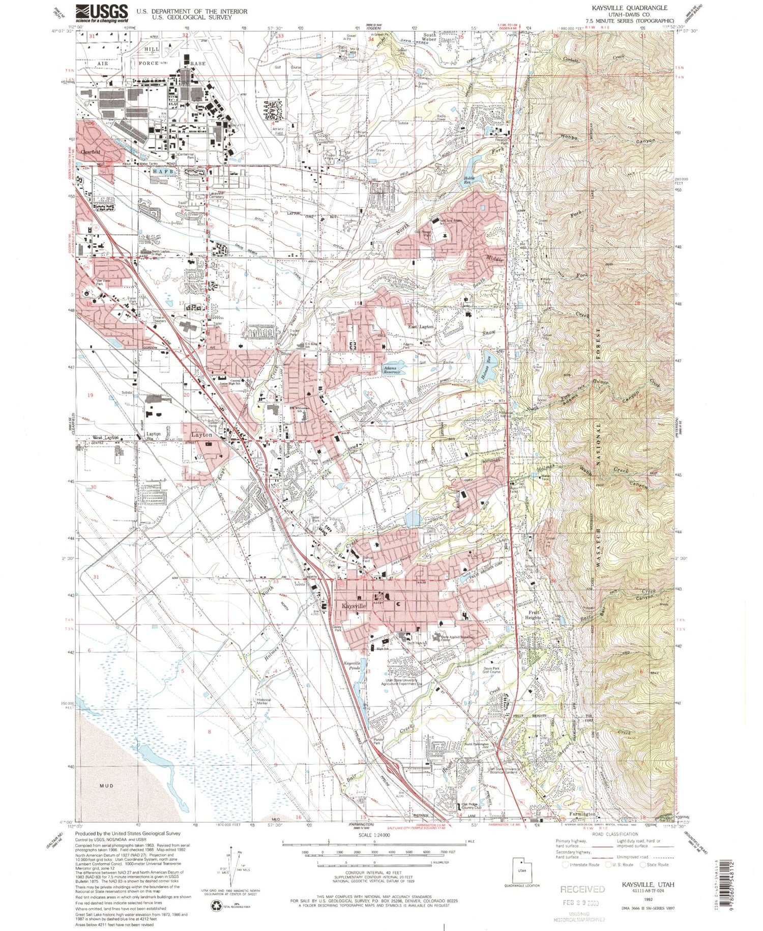 Classic USGS Kaysville Utah 7.5'x7.5' Topo Map Image