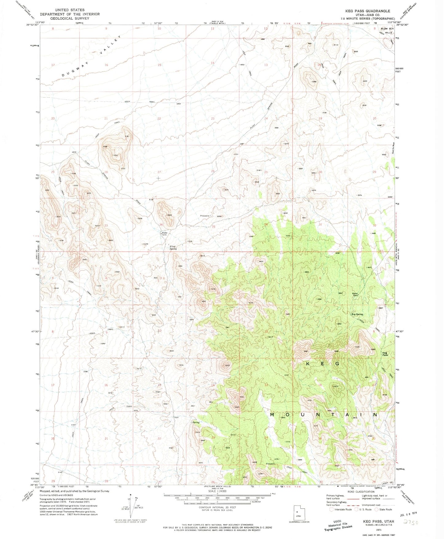 Classic USGS Keg Pass Utah 7.5'x7.5' Topo Map Image