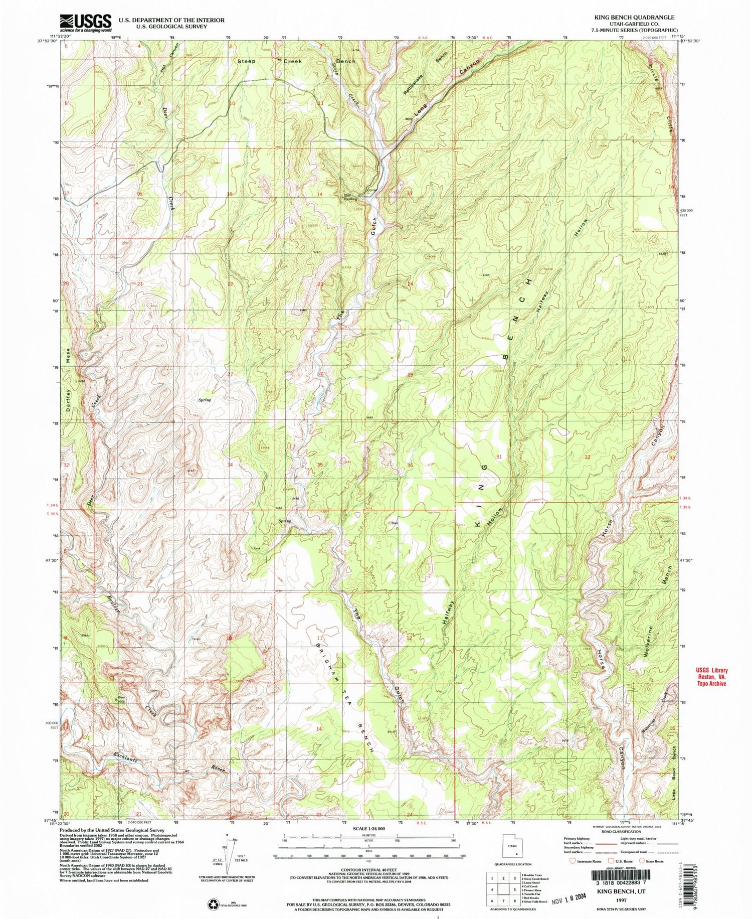 Classic USGS King Bench Utah 7.5'x7.5' Topo Map Image