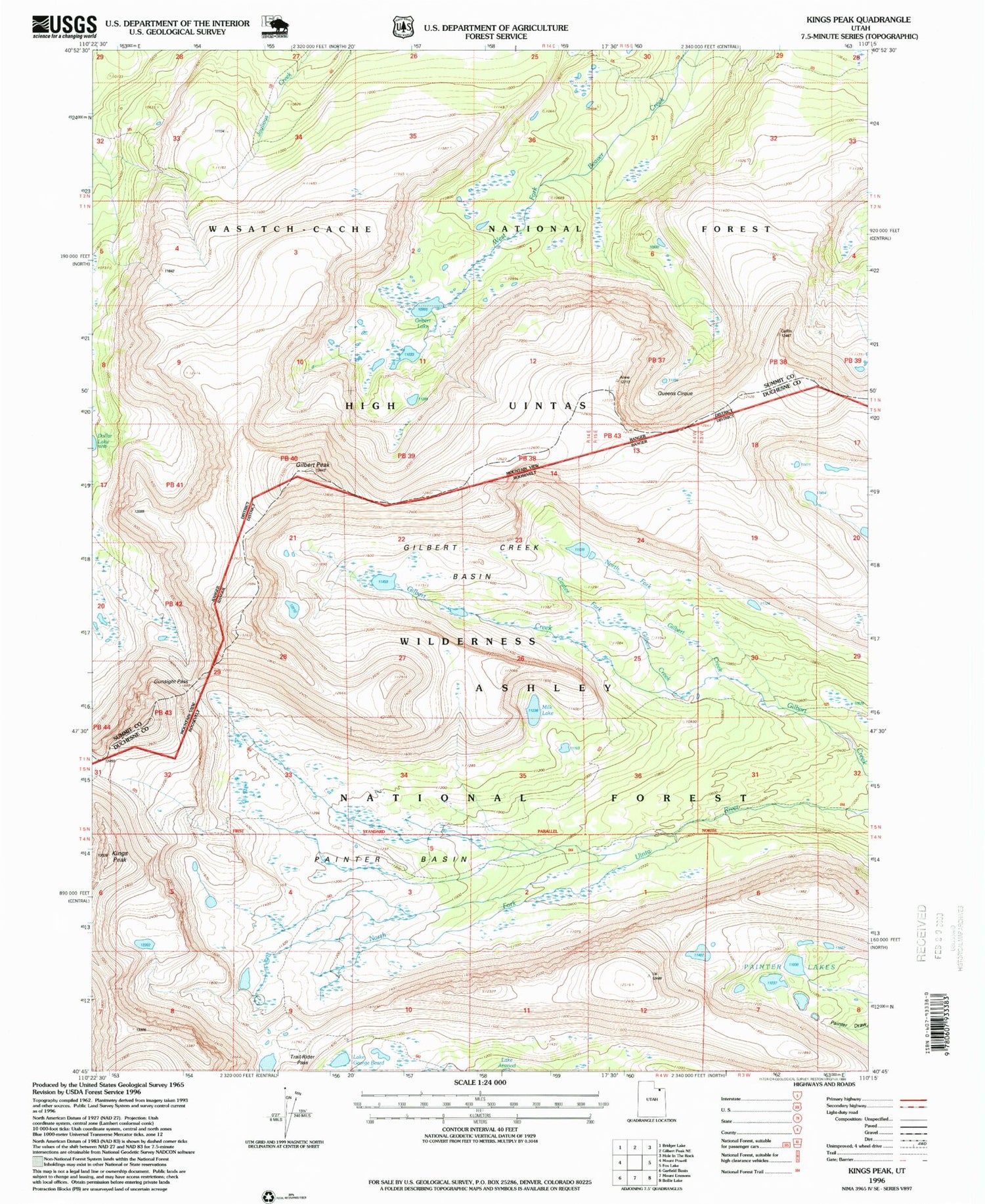 USGS Classic Kings Peak Utah 7.5'x7.5' Topo Map Image