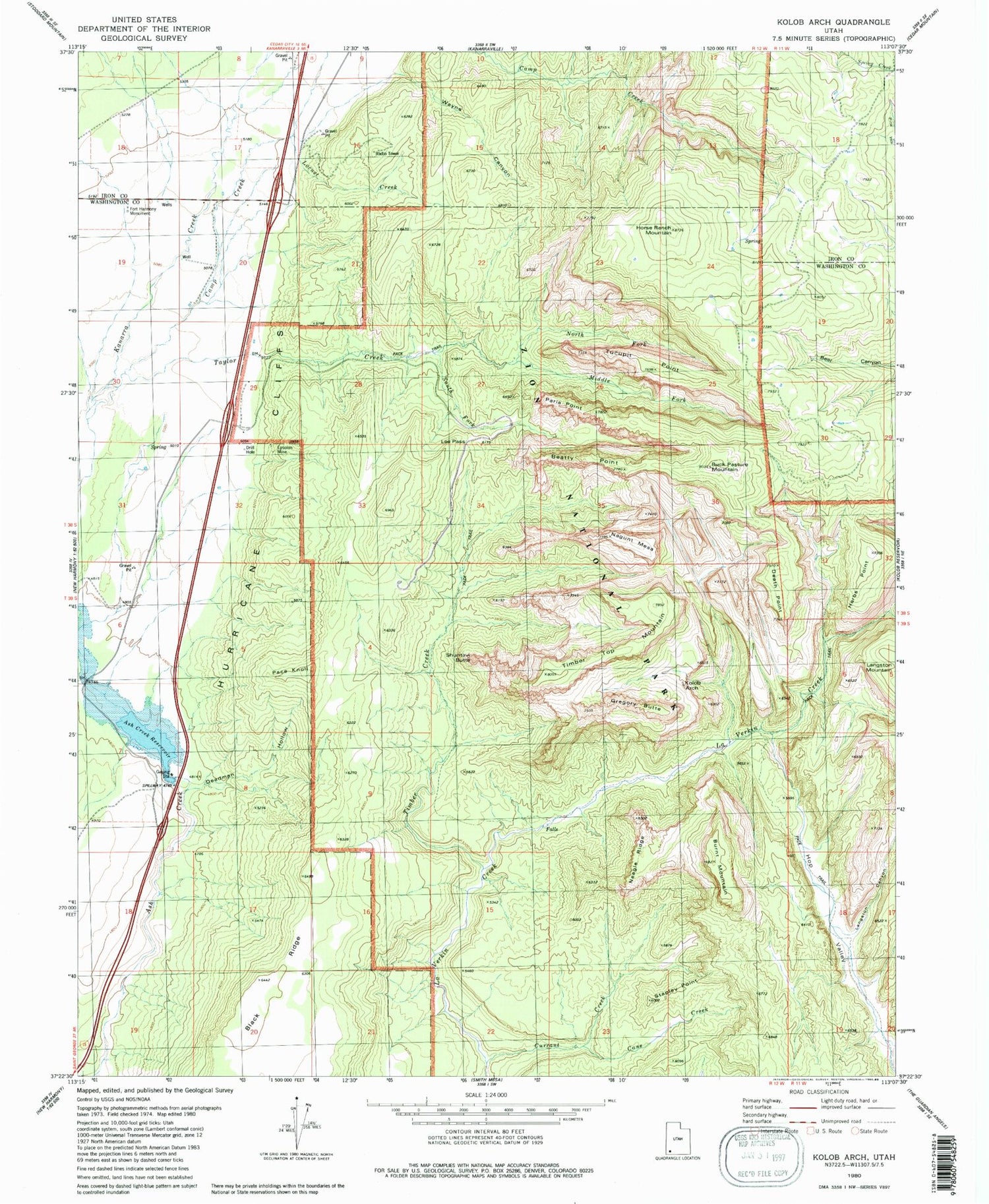 Classic USGS Kolob Arch Utah 7.5'x7.5' Topo Map Image