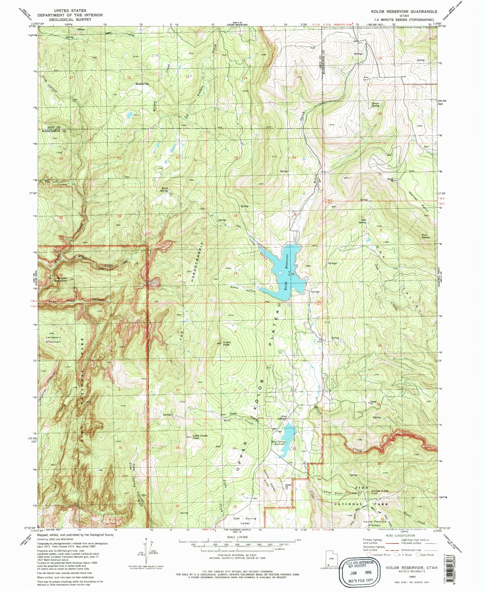 Classic USGS Kolob Reservoir Utah 7.5'x7.5' Topo Map MyTopo Map Store