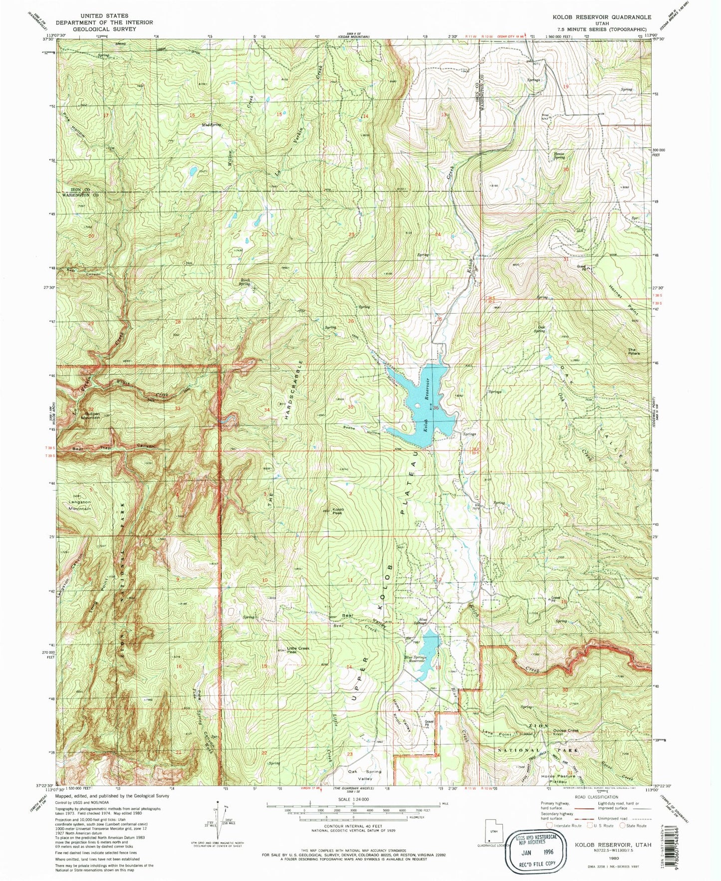 Classic USGS Kolob Reservoir Utah 7.5'x7.5' Topo Map Image