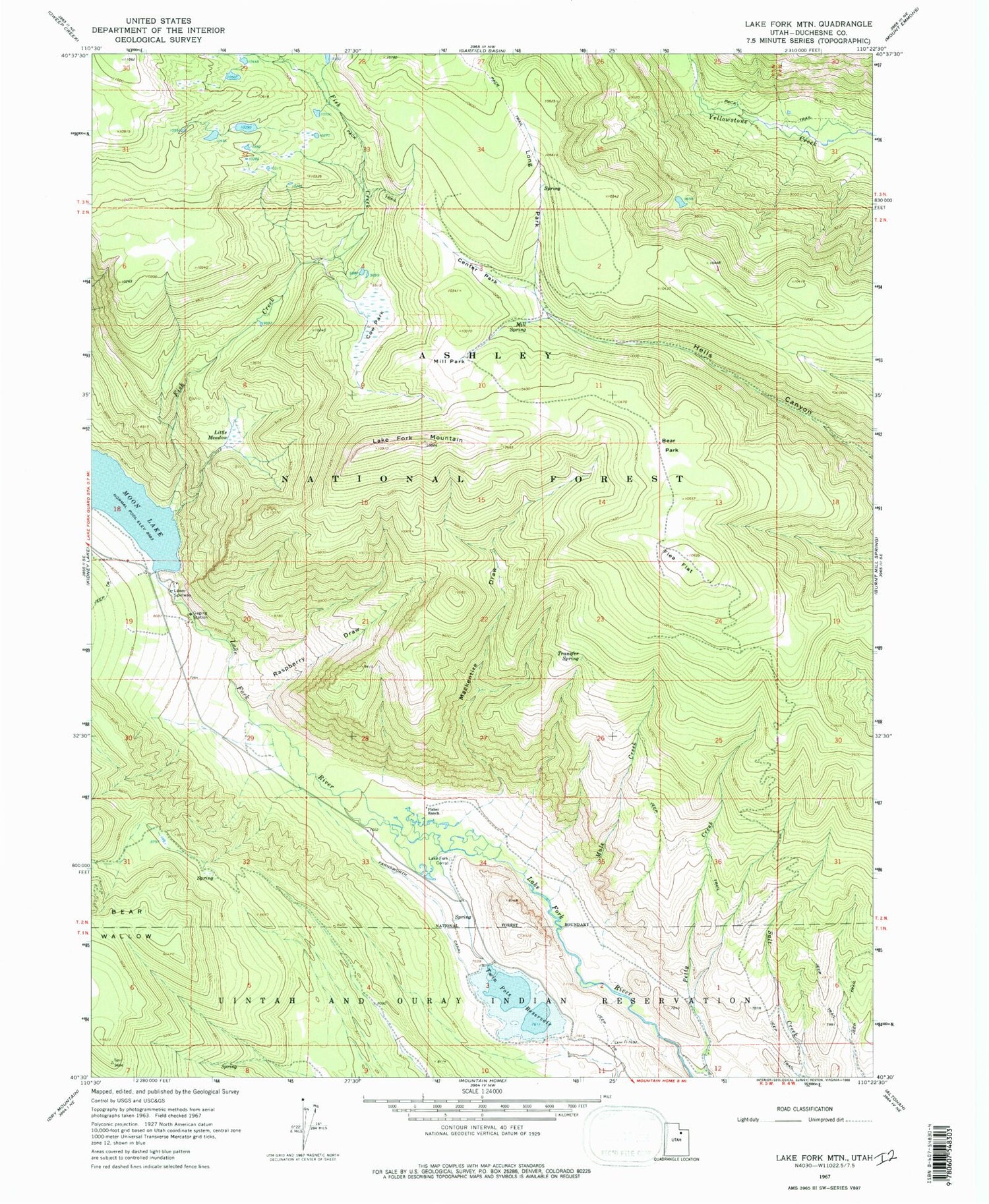 Classic USGS Lake Fork Mountain Utah 7.5'x7.5' Topo Map Image