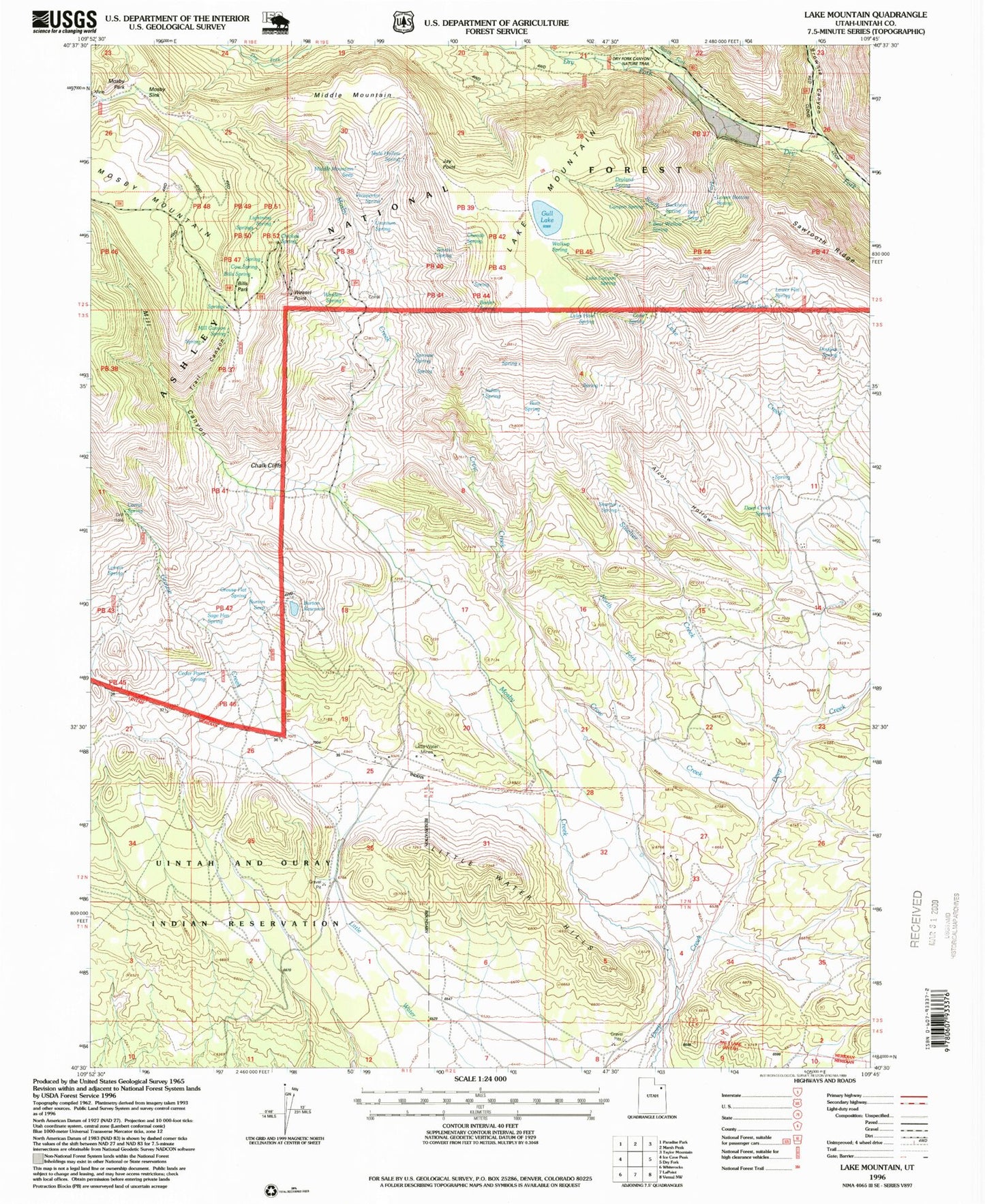Classic USGS Lake Mountain Utah 7.5'x7.5' Topo Map Image