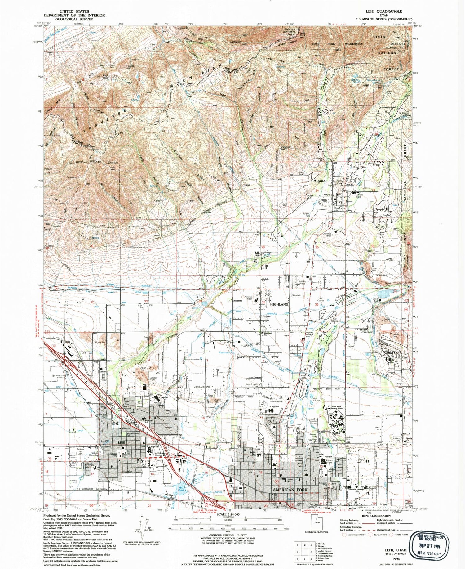 Classic USGS Lehi Utah 7.5'x7.5' Topo Map Image