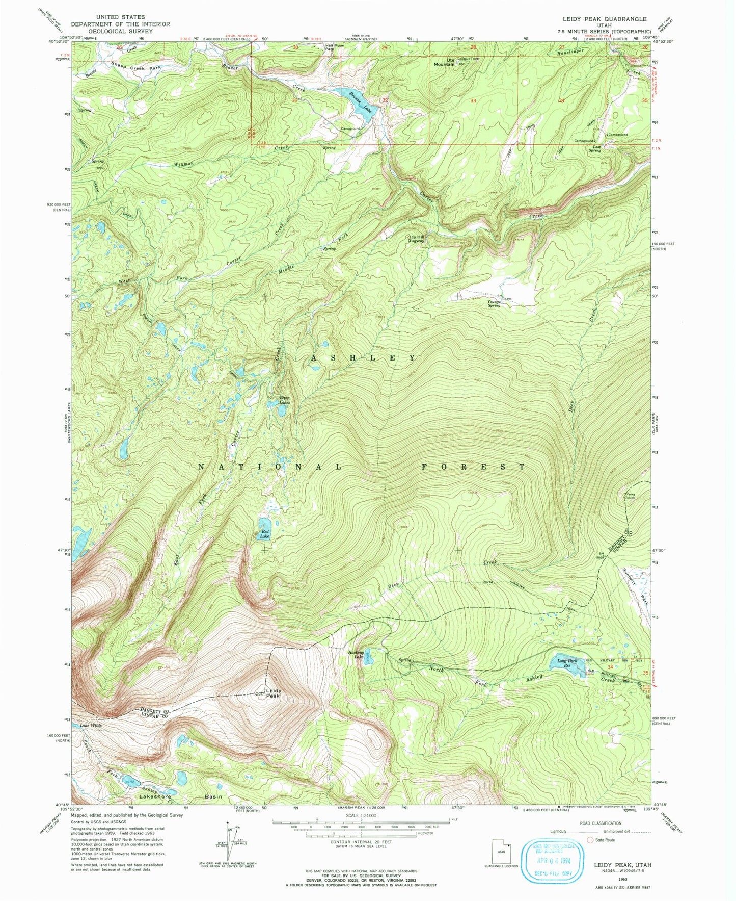 Classic USGS Leidy Peak Utah 7.5'x7.5' Topo Map Image