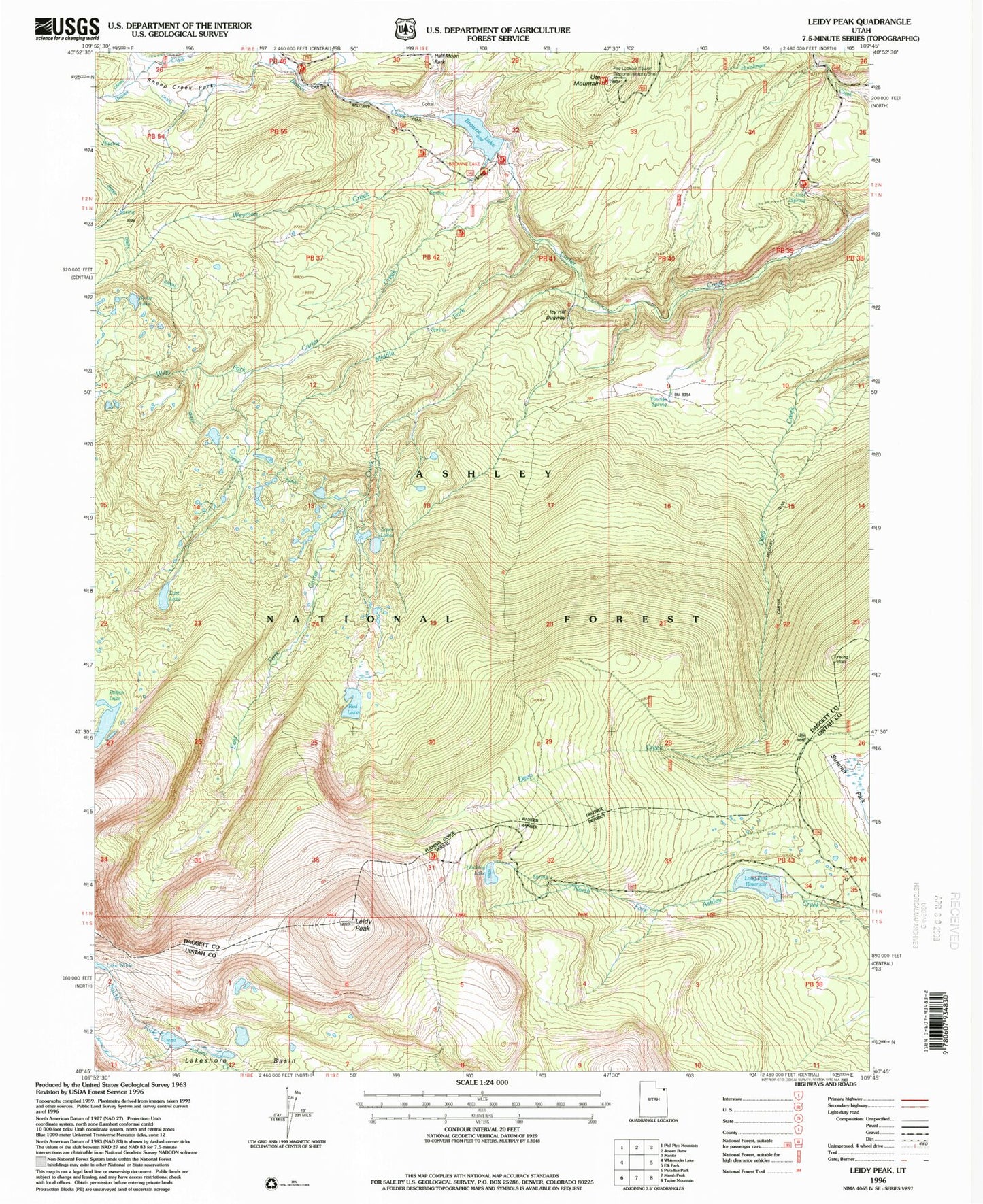 Classic USGS Leidy Peak Utah 7.5'x7.5' Topo Map Image